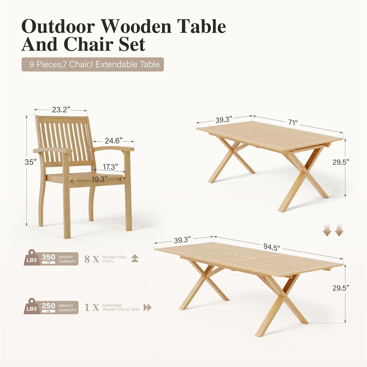 9-Piece Patio Dining Set Outdoor Acacia Wood Table & 8 Armchairs w/Umbrella Hole