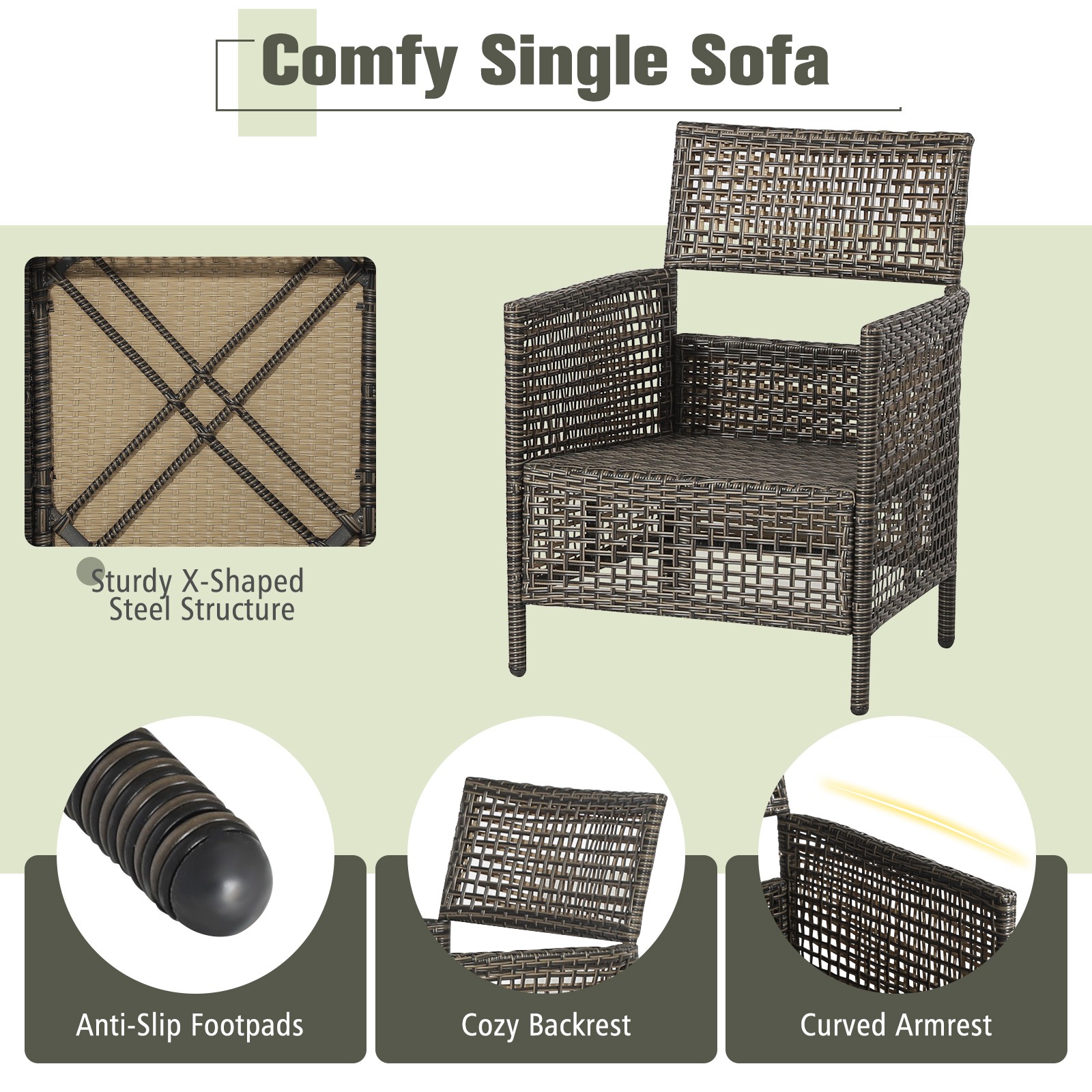 Patiojoy 3PCS Patio Rattan Furniture Set Cushioned Sofas Wood Table Top W/Shelf