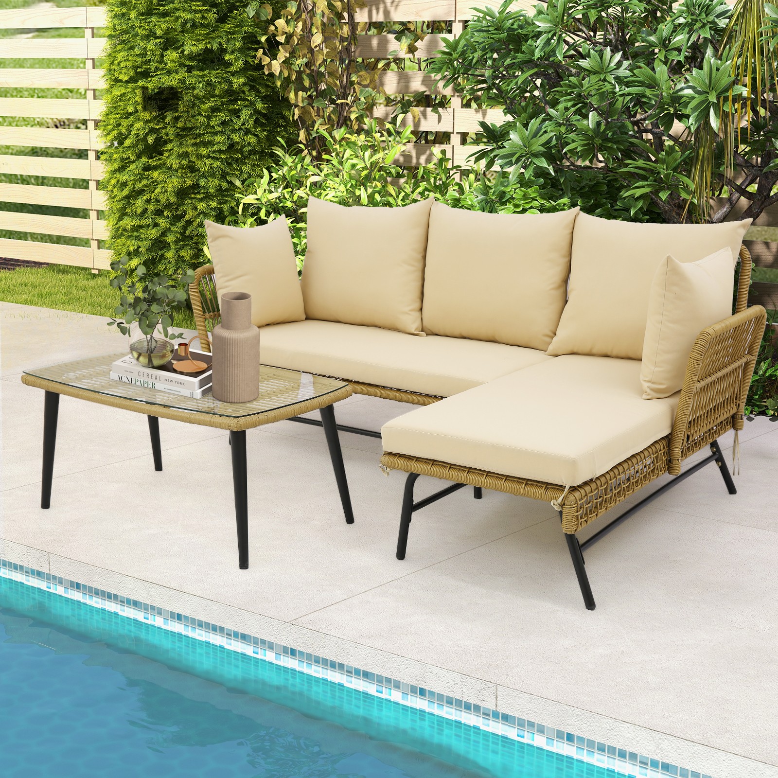 3 PCS L-Shaped Patio Sofa Set Conversation Furniture with Cushions Deck Garden