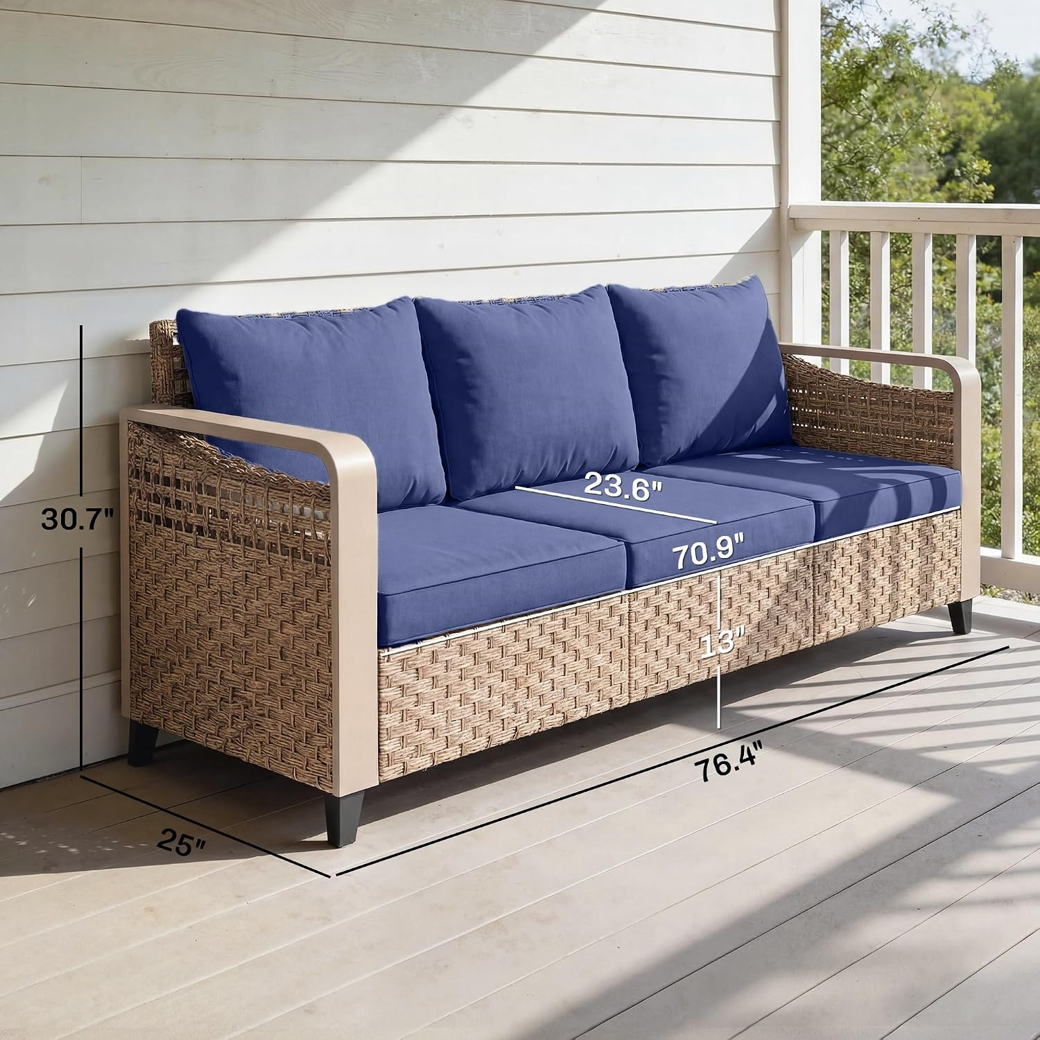 Outdoor Patio Couch with Wide and Deep Seat, 3 Seater Wicker Outdoor Sofa with W