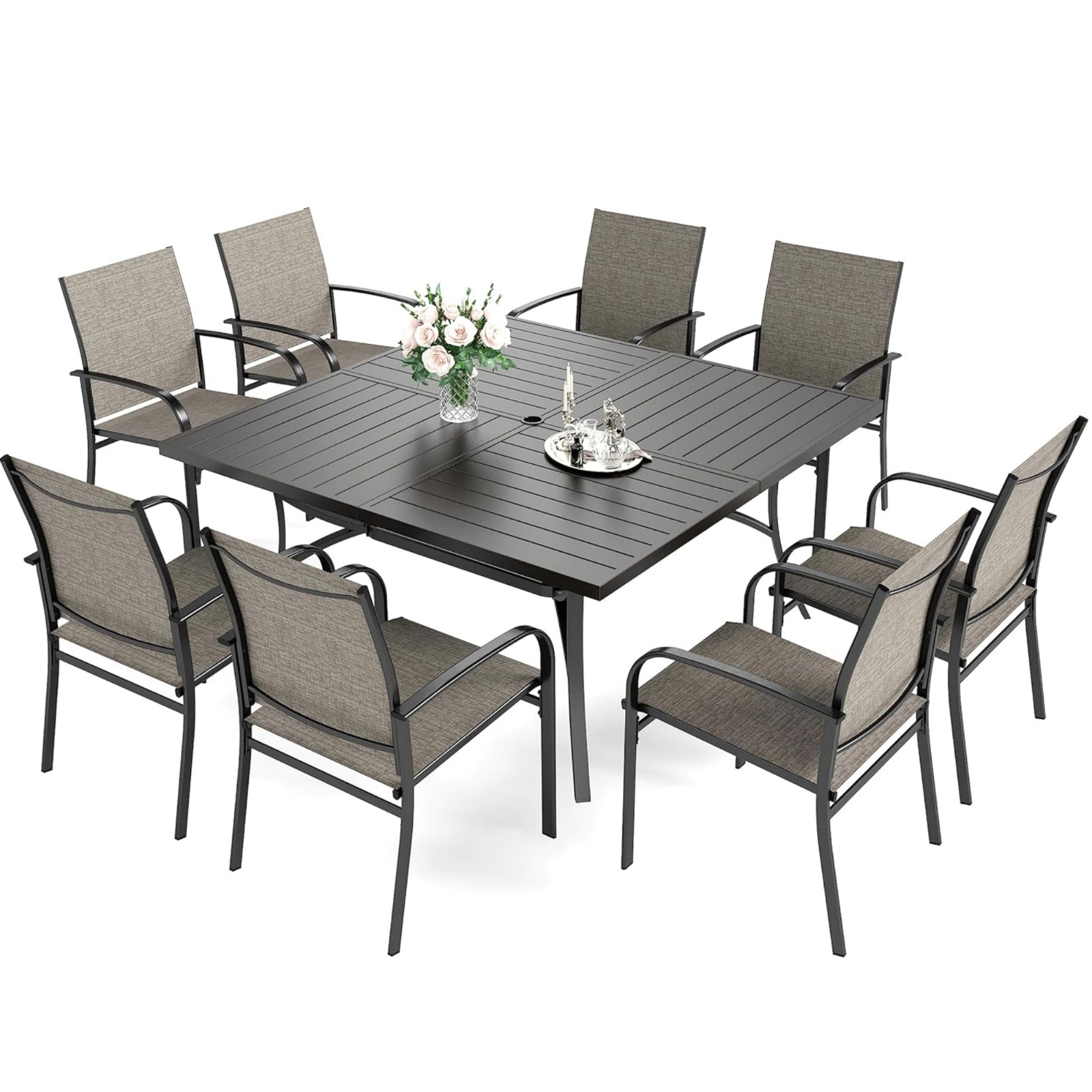 9 Piece Patio Furniture Set Outdoor Dining Set 8 Textilene Chairs Set & Table