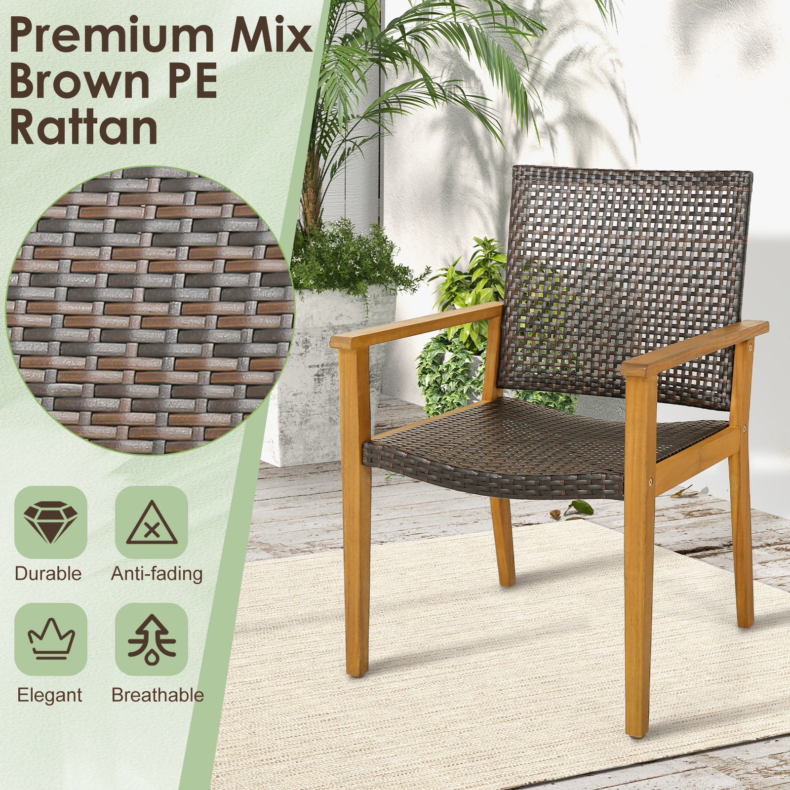 4PCS Patio Dining Chairs Outdoor Acacia Wood Rattan Armchairs Garden Balcony