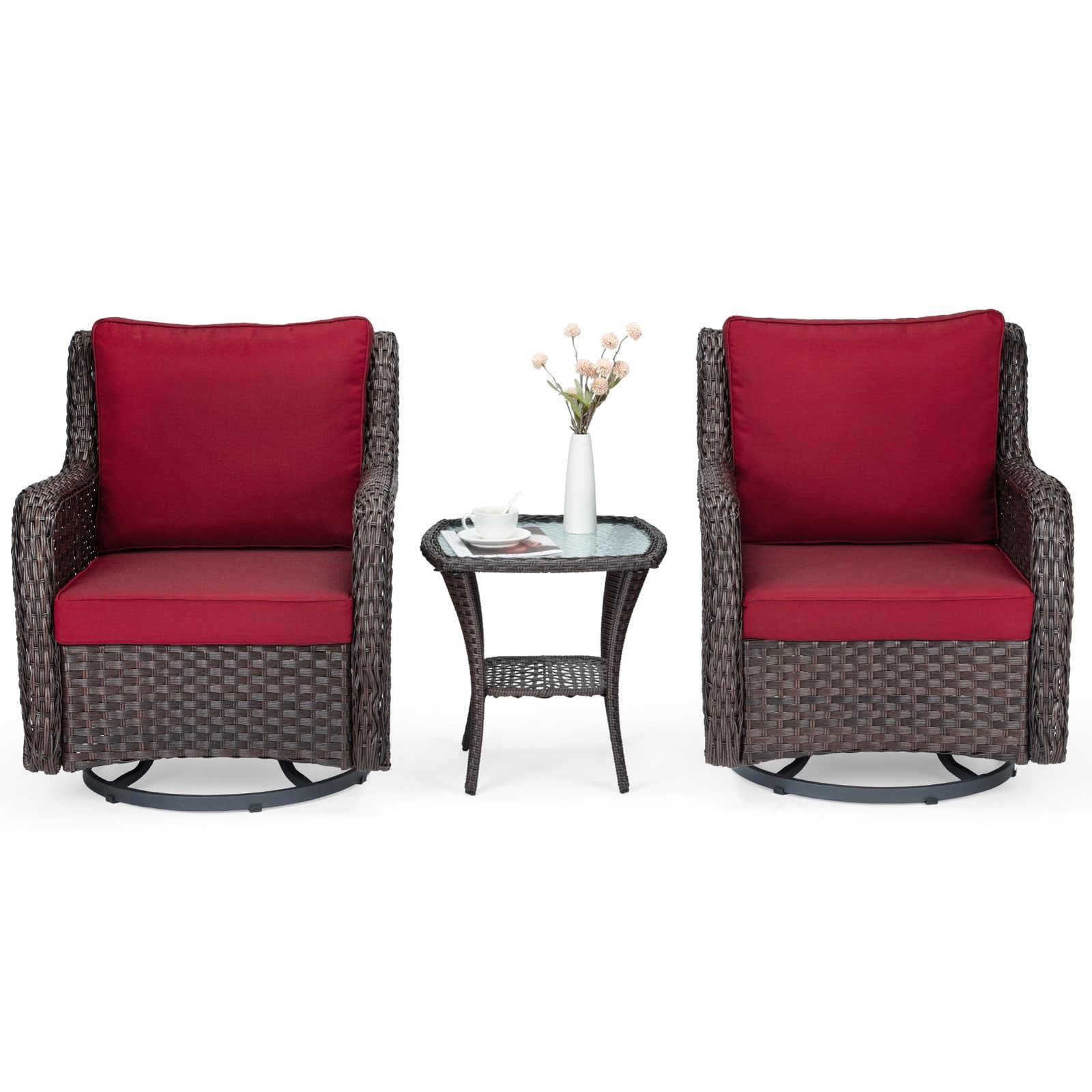 3-Piece Outdoor Wicker Bistro Set, 360° Swivel Rocker Patio Chairs Furniture Set