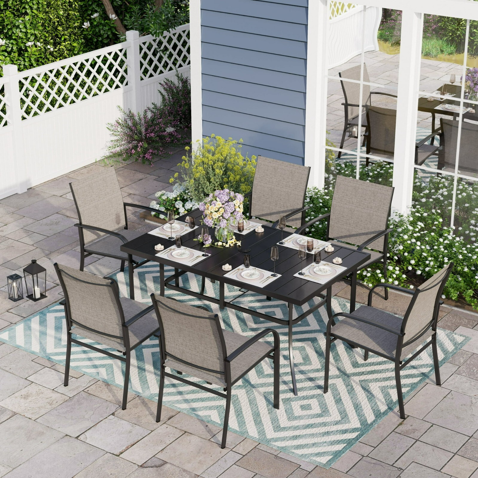 Outdoor Dining Set for 6 Person Metal Table & Fixed Chairs with Umbrella Hole
