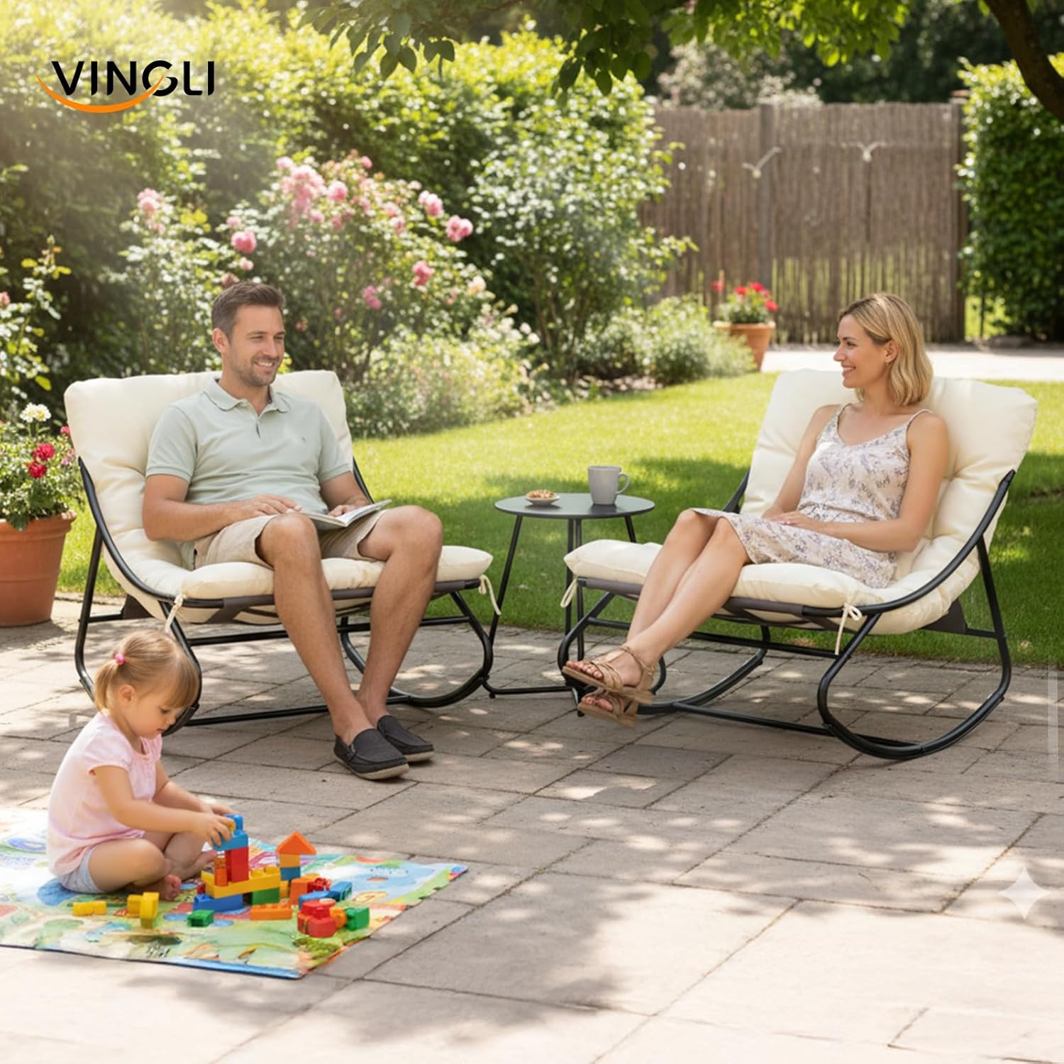 Rocking Patio Chairs Set of 2 with Side Table, Heavy Duty 400 LBS Capacity, Padd