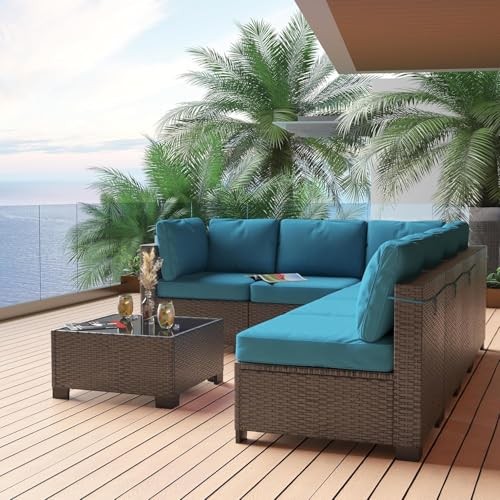 6 Piece Sectional Rattan Sofa with Glass Top Coffee Table, Patio Peacock Blue