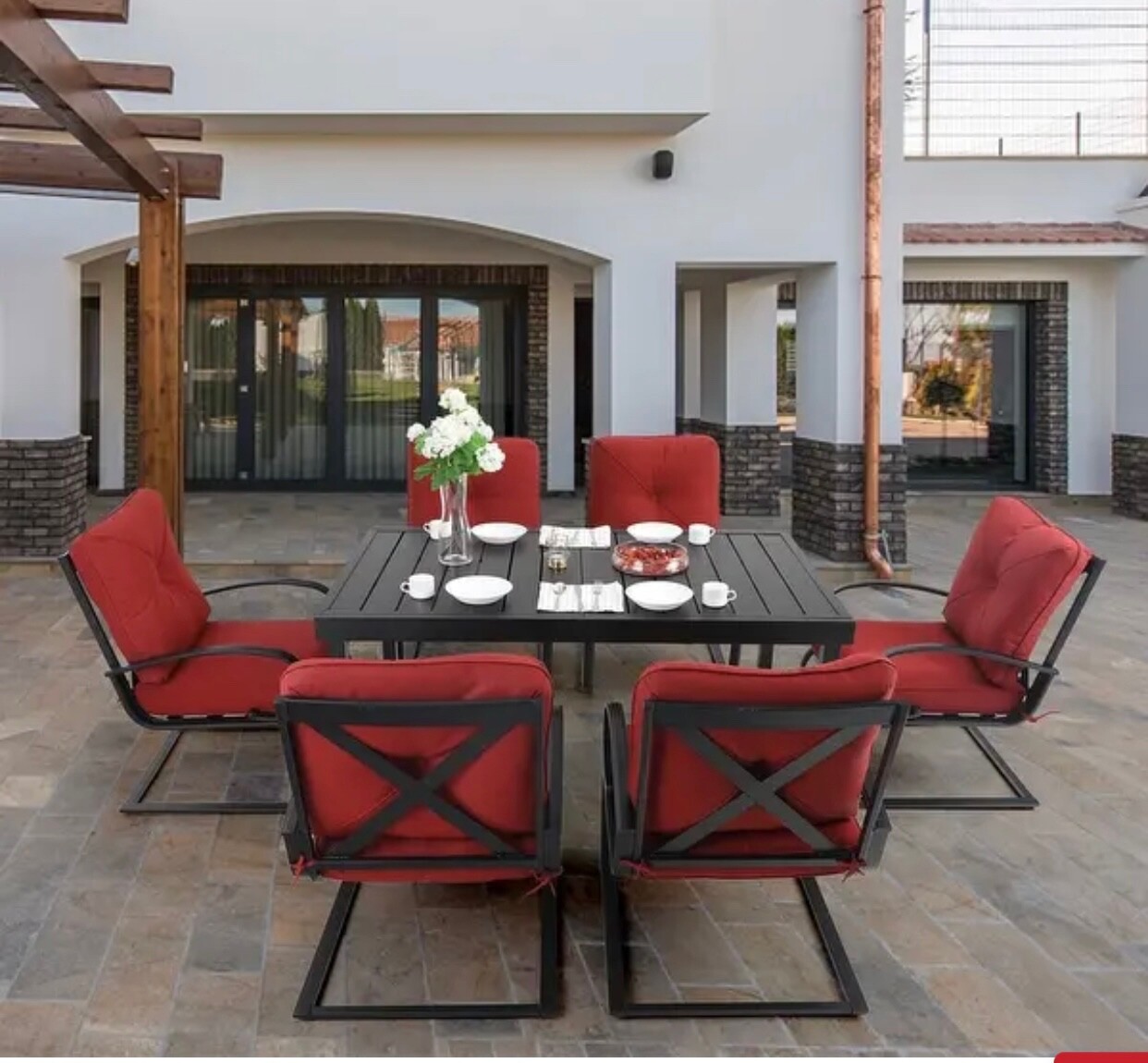 7 Piece Outdoor Patio Dining Set, 6 Spring Motion Chairs with Cushion, 1 Table