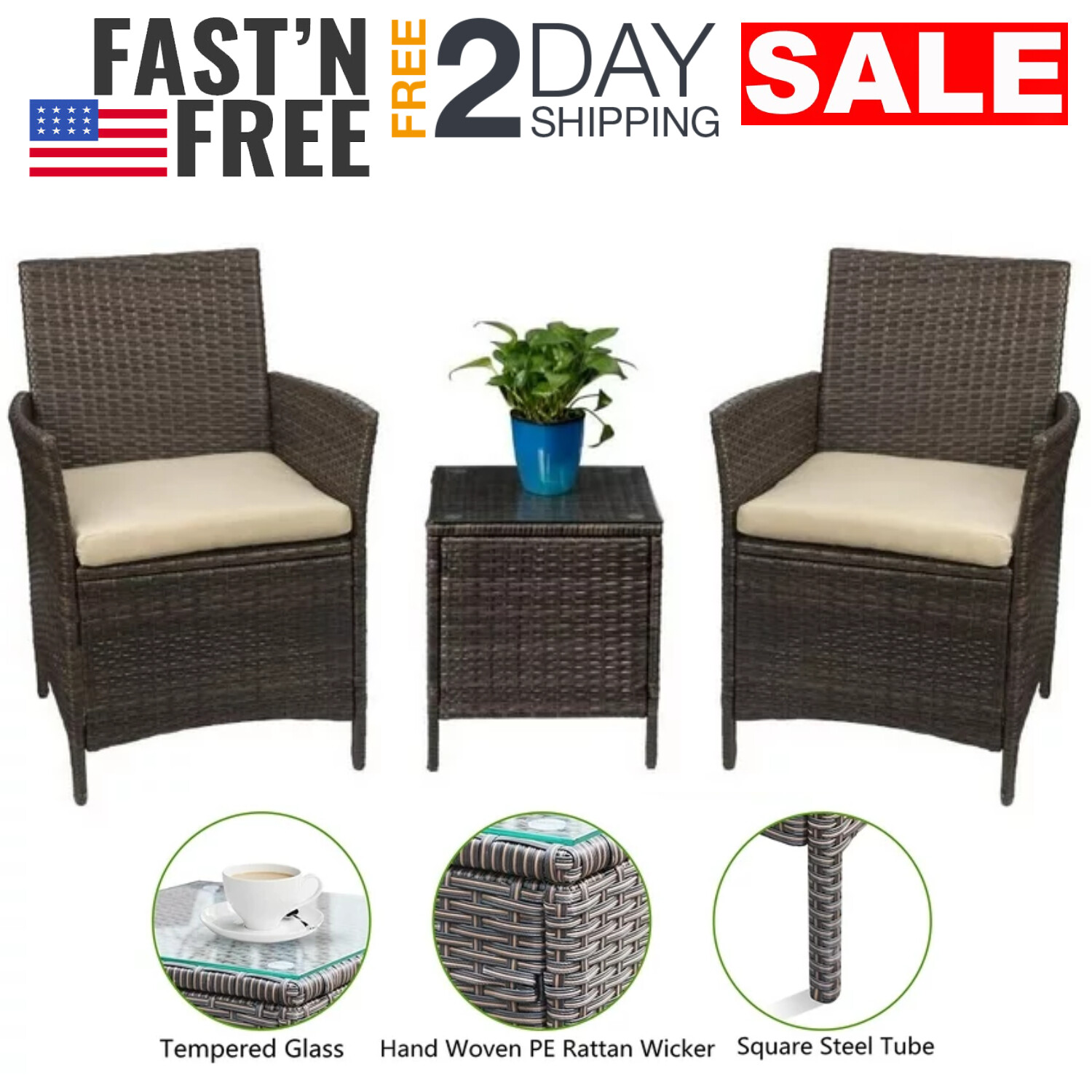 Set De 2 Sillas y Mesa Cristal Con Cojines Para Balcon Patio Exterior En Oferta