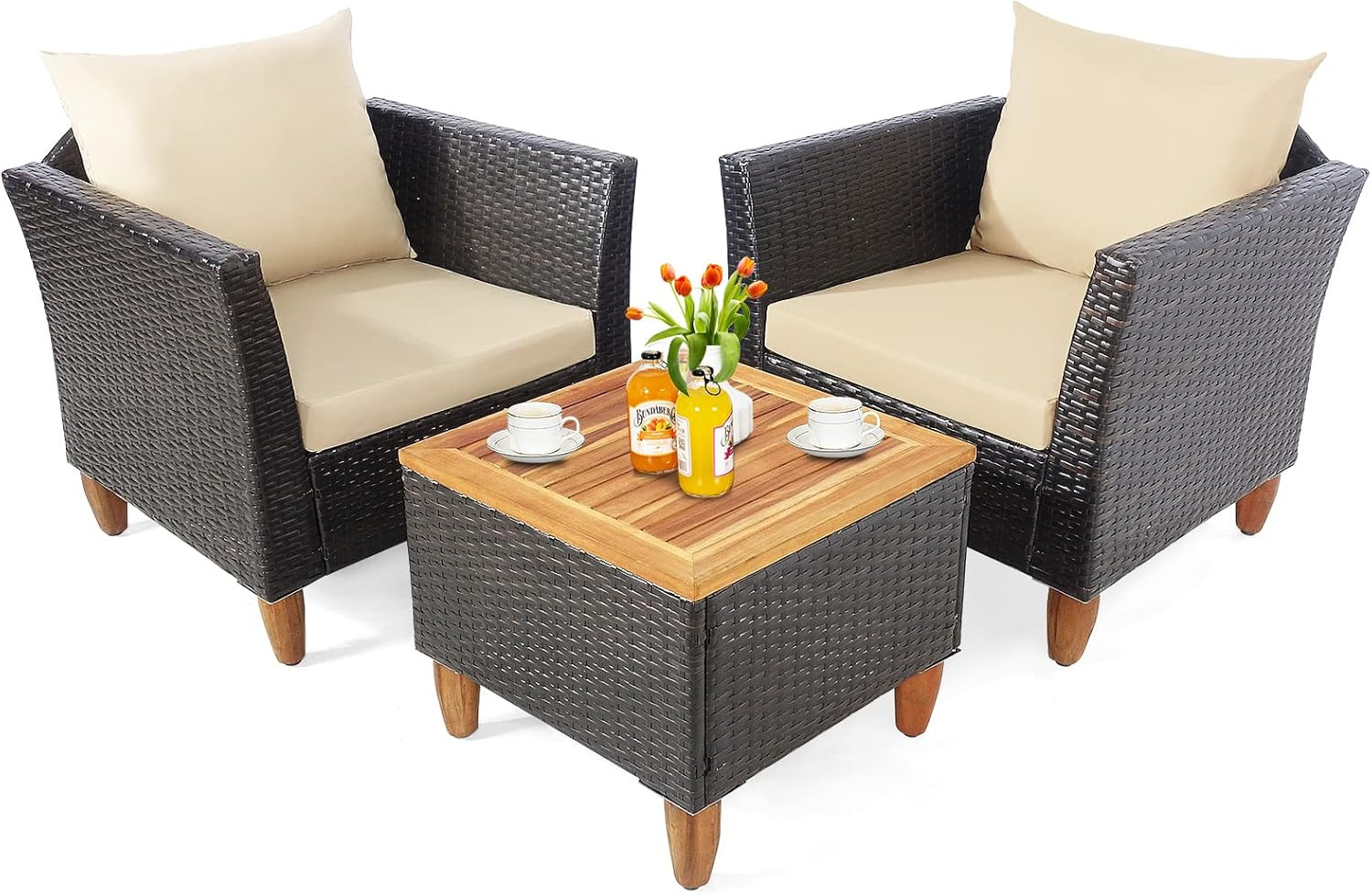 Elegant 3-Piece Outdoor Wicker Bistro Set with Cushions and Acacia Wood