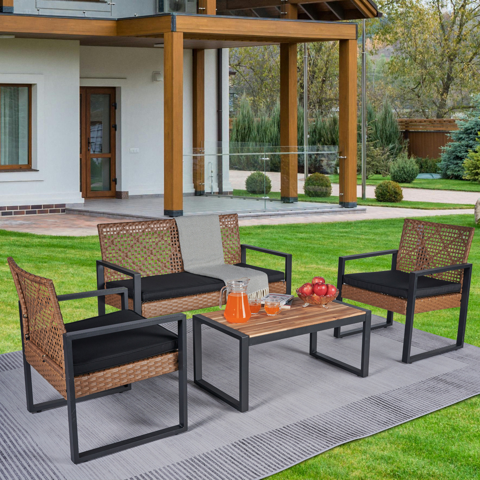 Modern Outdoor Patio Furniture Set with Acacia Wood Table & Cushions