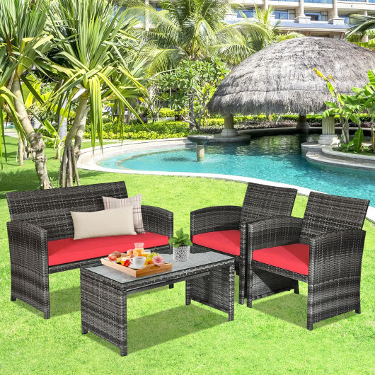 Costway 4PCS Patio Rattan Conversation Glass Table Top Cushioned Sofa Red – Colo
