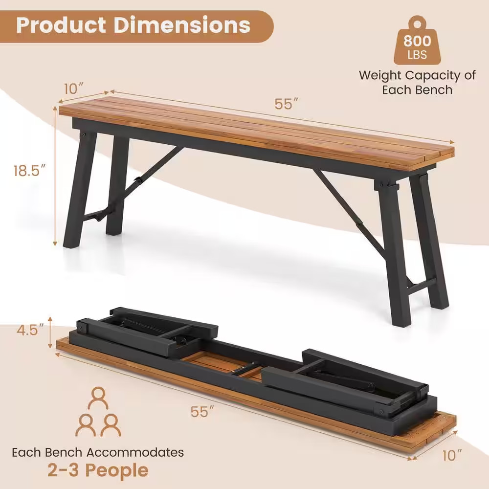 Outdoor Natural Wooden Folding Picnic Bench Set 55 In. Long Rectangular Dining C