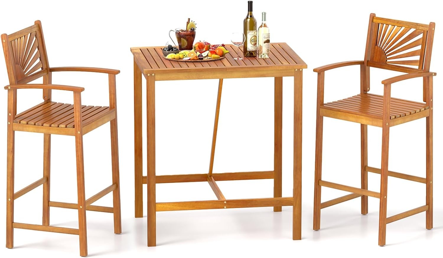 3 Piece Patio Bar Table & Chairs Outdoor Acacia Wood Bar Set w/Slatted Seat