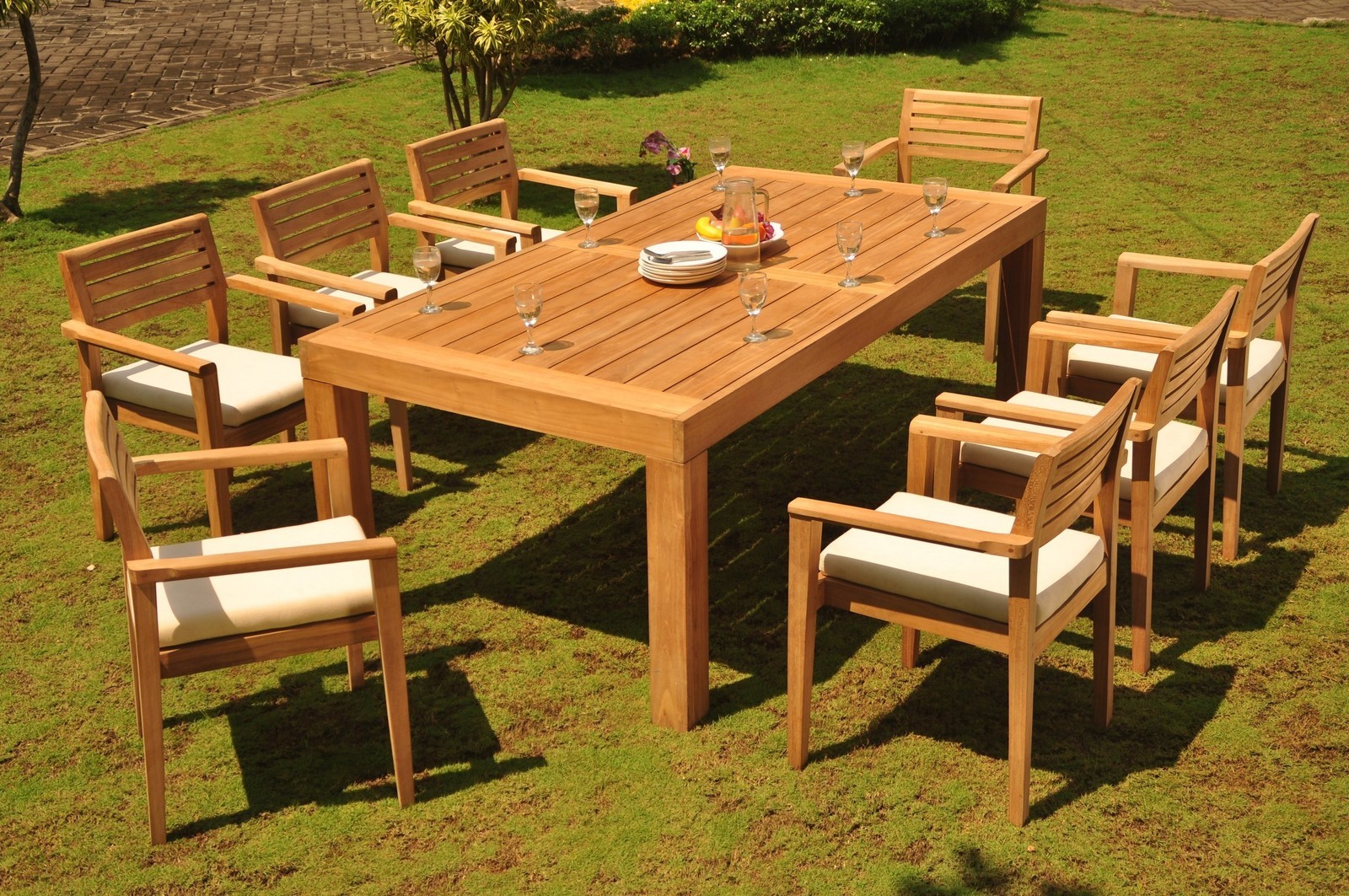 Montana Grade-A Teak 9Pc Dining Canberra Rectangle Table Stacking Arm Chair Set