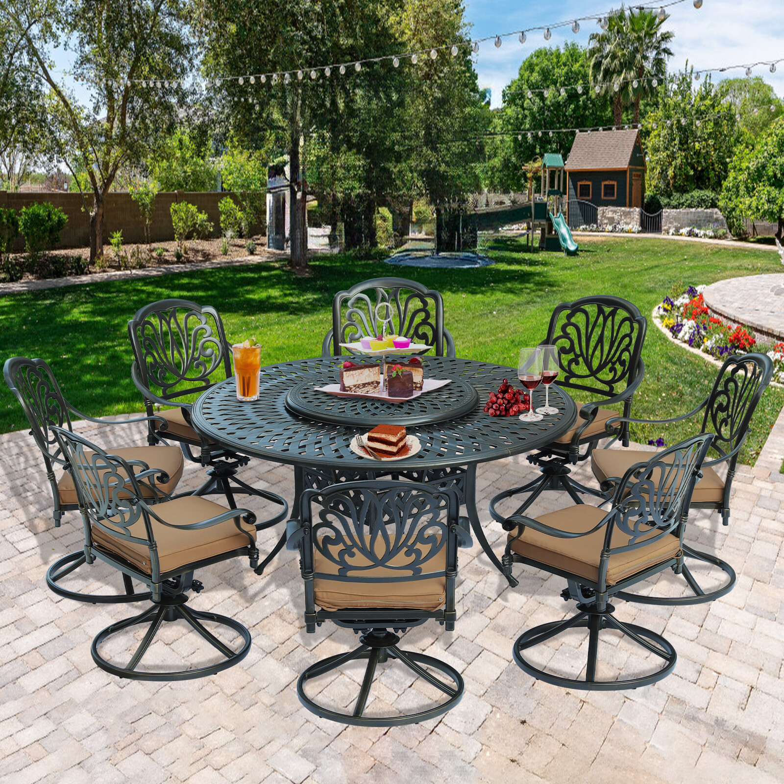9-Pcs Outdoor Dining Furniture Set w/ Swivel Chairs, Patio Table & Lazy Susan