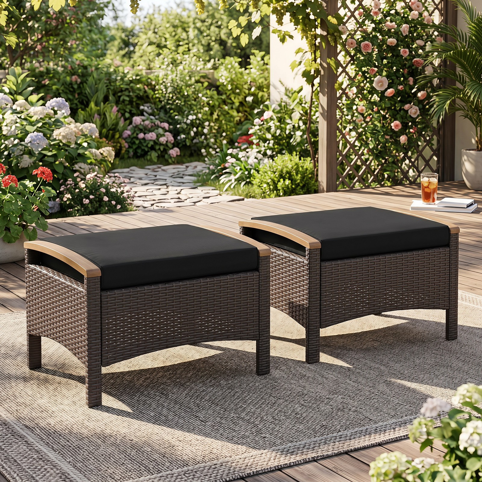 Set of 2 Outdoor Patio Ottoman w/Removable Cushions and Solid Acacia Wood Handle