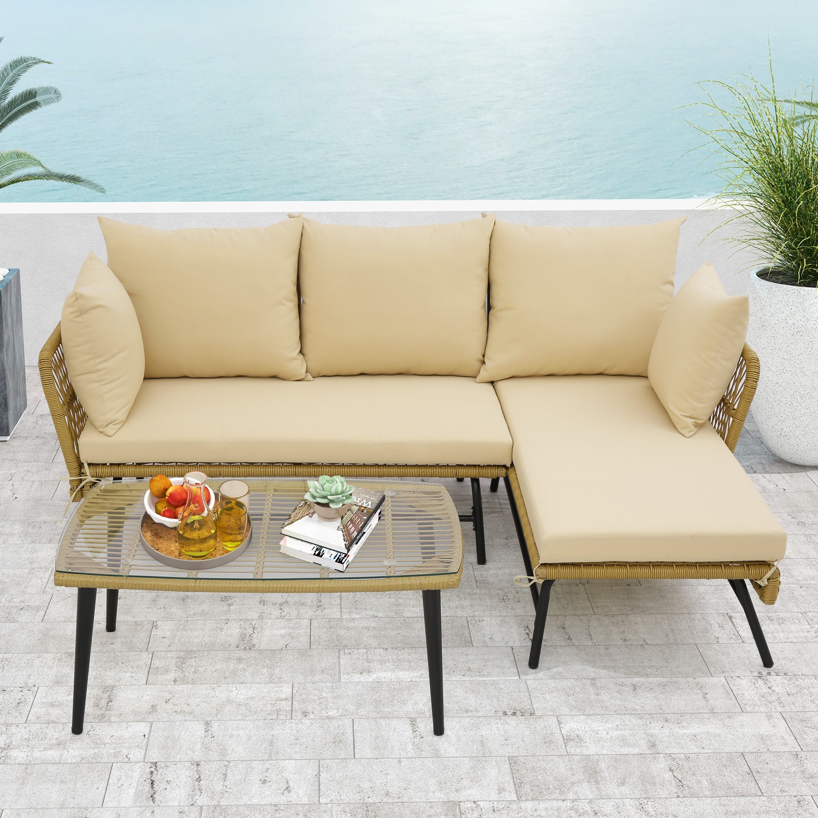 3 PCS L-Shaped Patio Sofa Set Conversation Furniture with Cushions Deck Garden