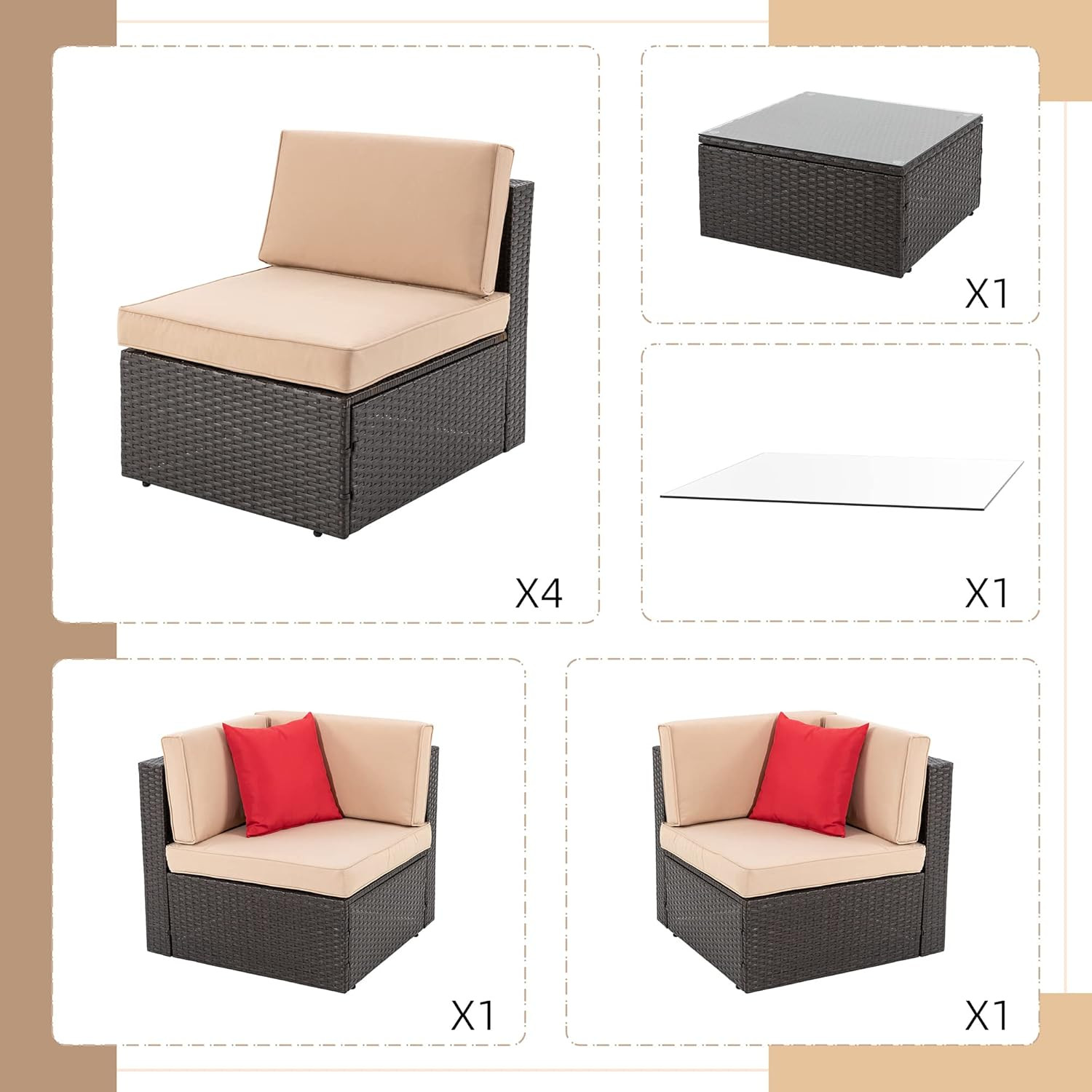 7 Pieces Patio Furniture Sets Outdoor All-Weather Sectional Patio Sofa Set PE Ra