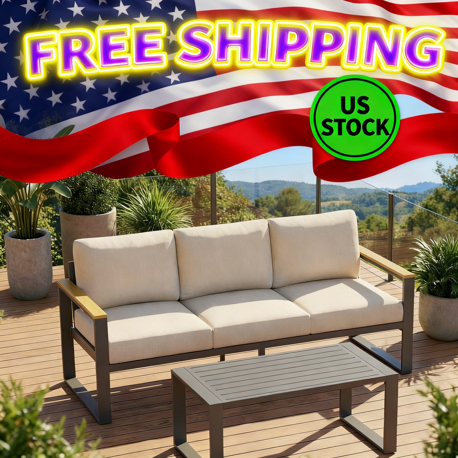 3-Seat Aluminum Sofa and Coffee Table, Aluminum Patio Patio Conversation Pcs 1