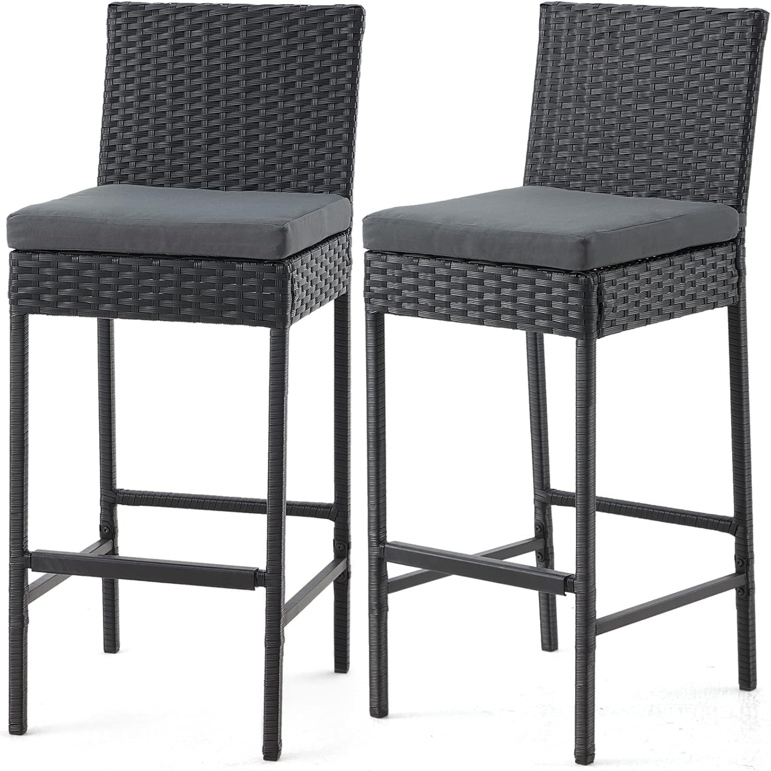 Set of 2 Rattan Bar Stools Outdoor Wicker Counter Height Barstools with Cushion