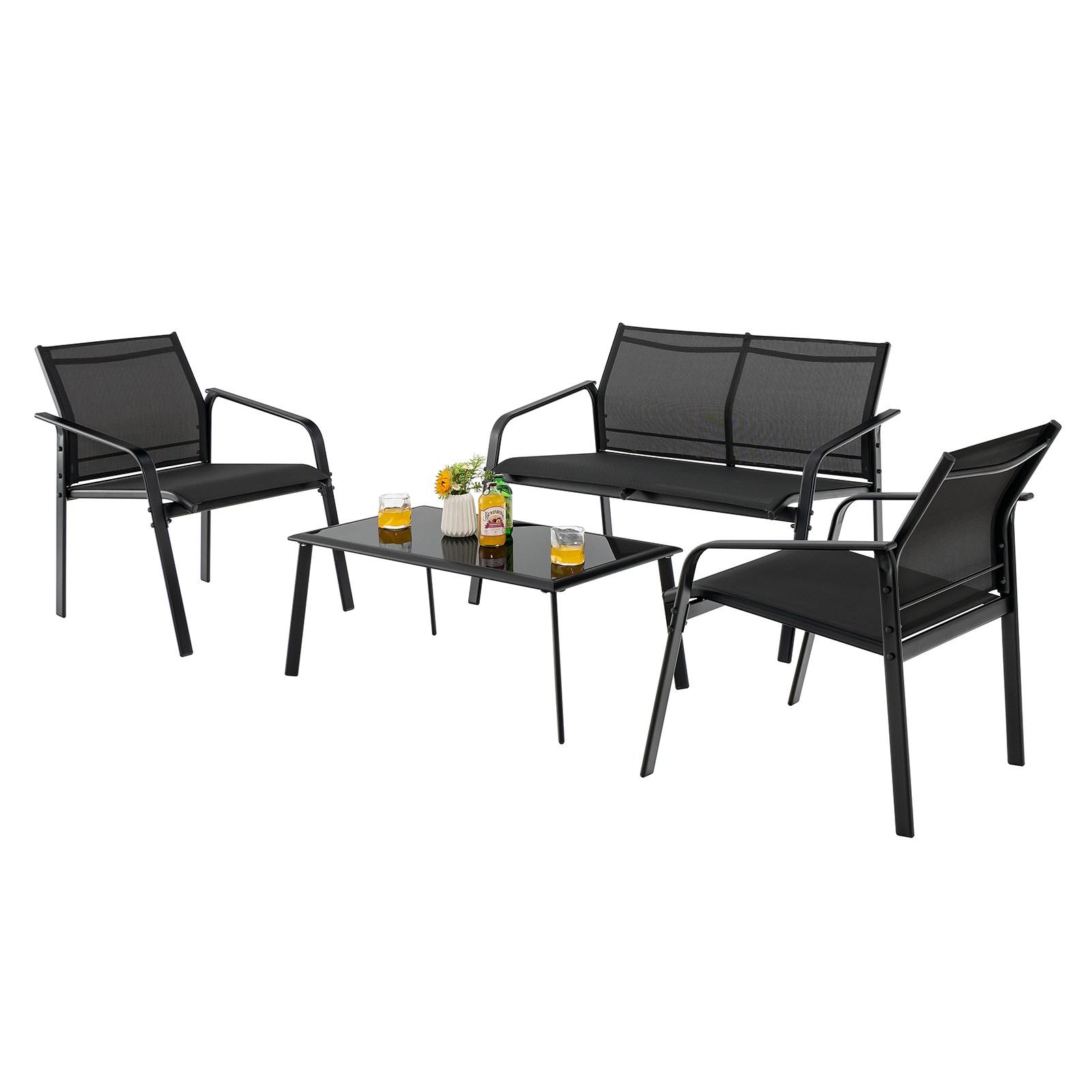 Patiojoy 4 PCS Patio Furniture Set Loveseat Sofas Armrest Glass Table Deck Black