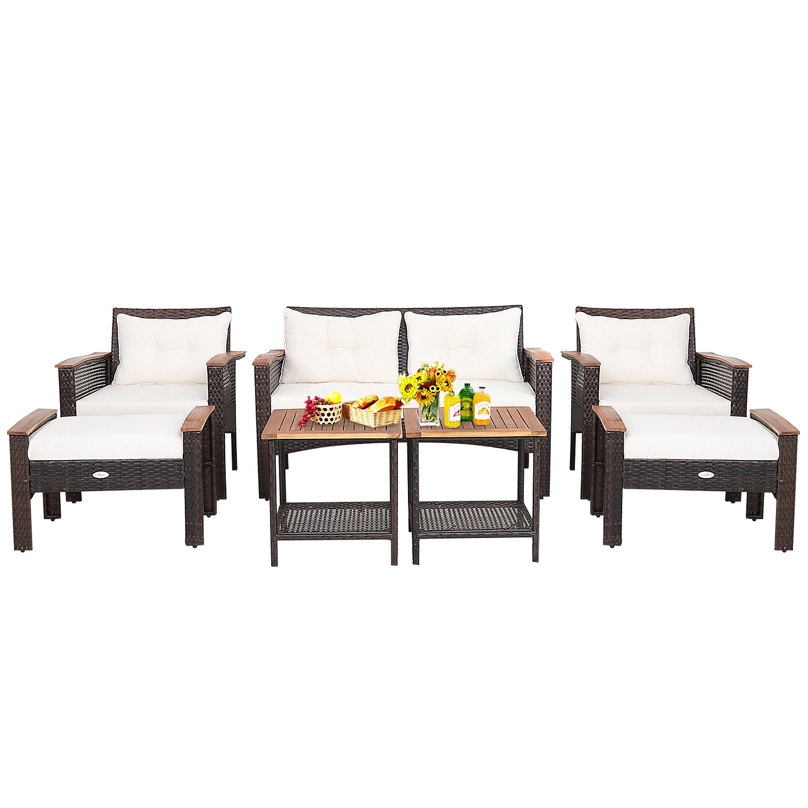 Patiojoy 7PCS Patio Rattan Furniture Set Cushioned Loveseat Sofa Ottoman Table