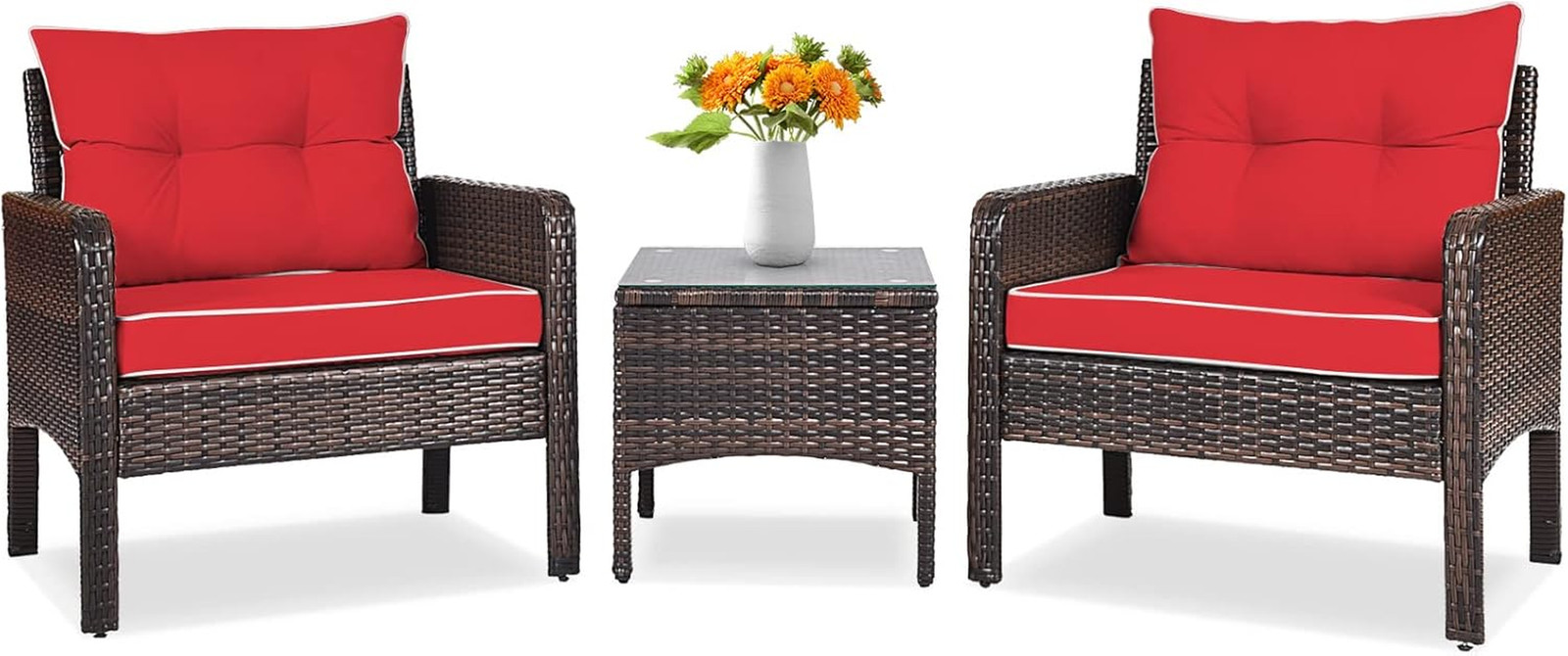 3 Piece Outdoor Patio Furniture Set, Wicker Chairs Set with Glass Top Coffee Tab
