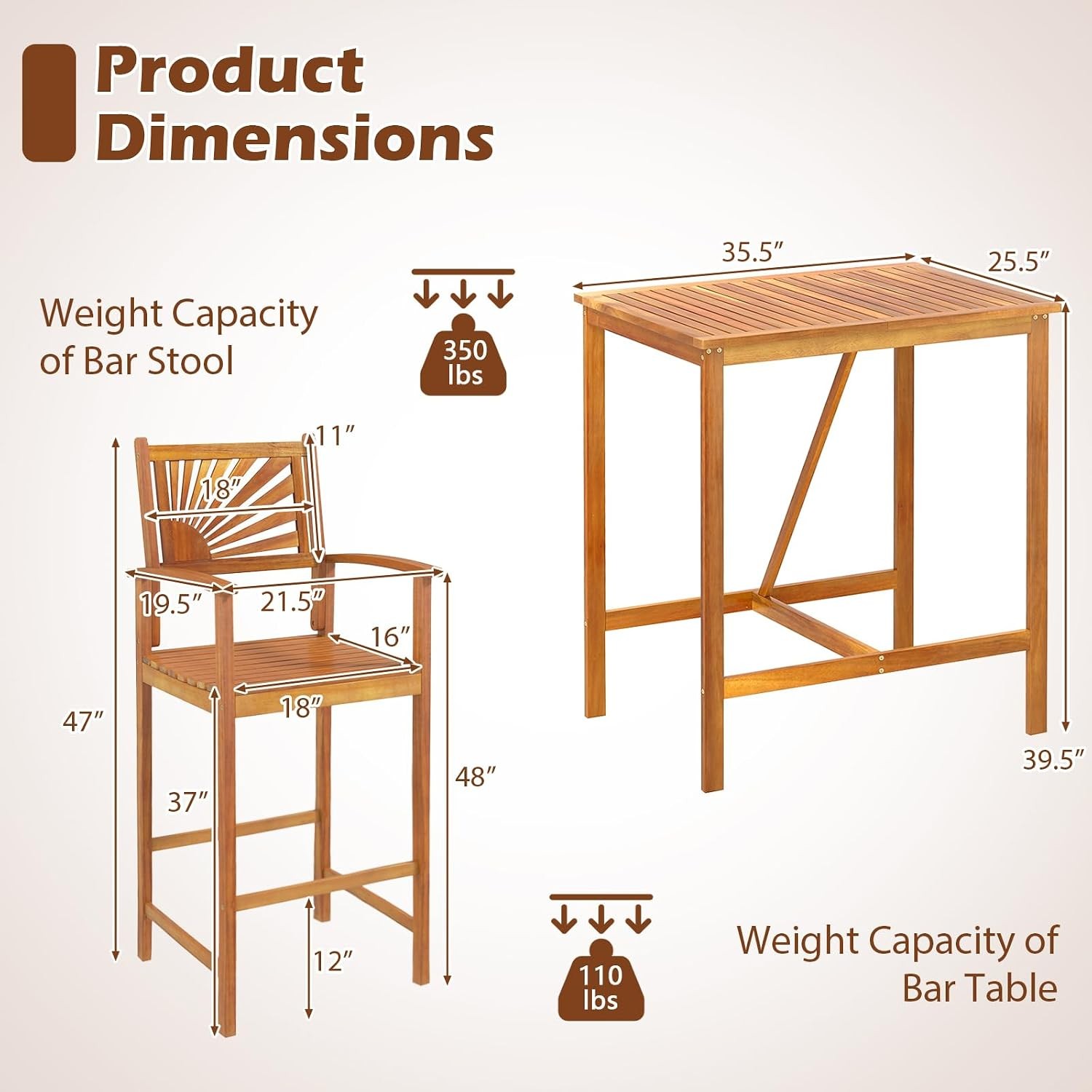 3 Piece Patio Bar Table & Chairs Outdoor Acacia Wood Bar Set w/Slatted Seat