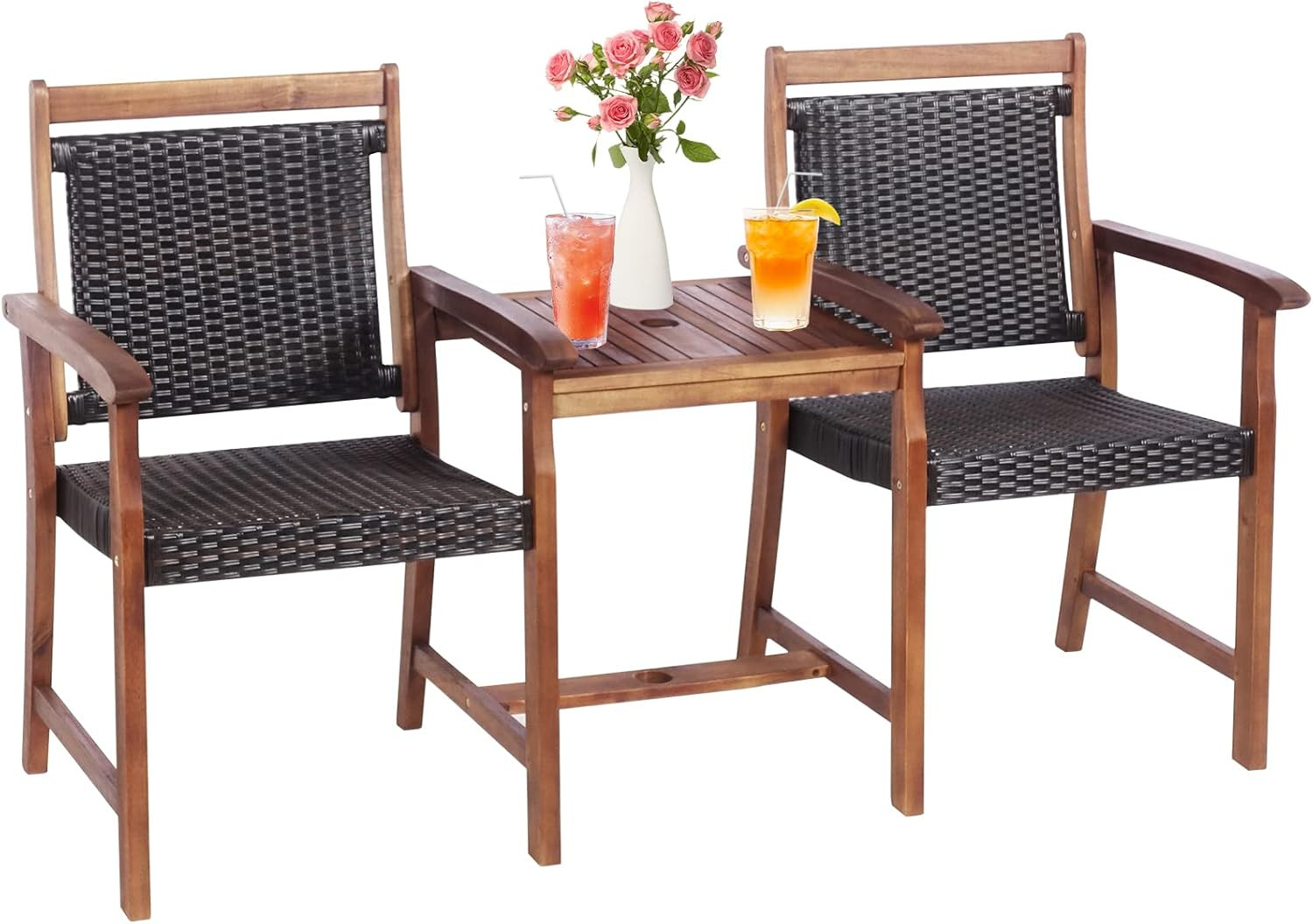 Acacia Wood Garden Bench, Patiojoy Rattan Companion Loveseat Chair with Coffee T