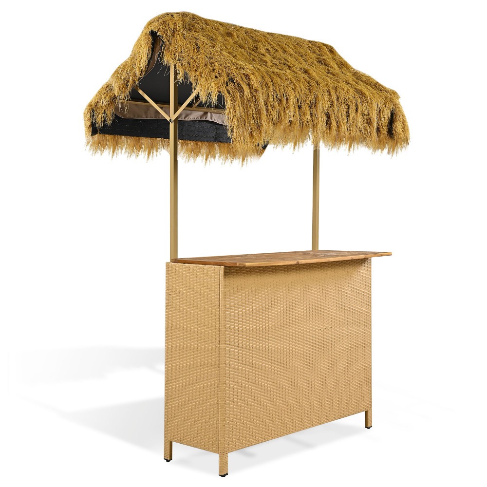 2-Piece Outdoor Tiki Bar Set w/ Adjustable Feet & Storage Space, Acacia Wood Top