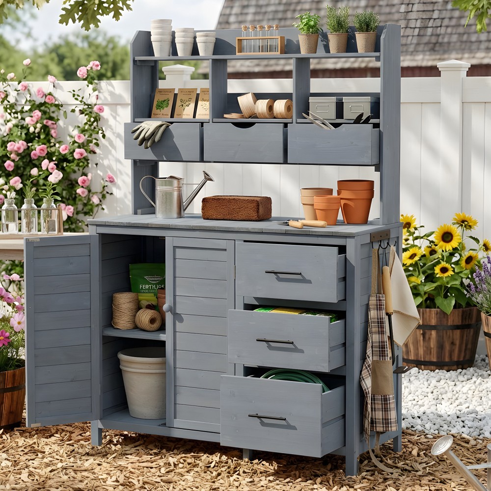 Farmhouse Potting Bench 6 Drawers, Rustic Garden Workstation Cabinet Gray
