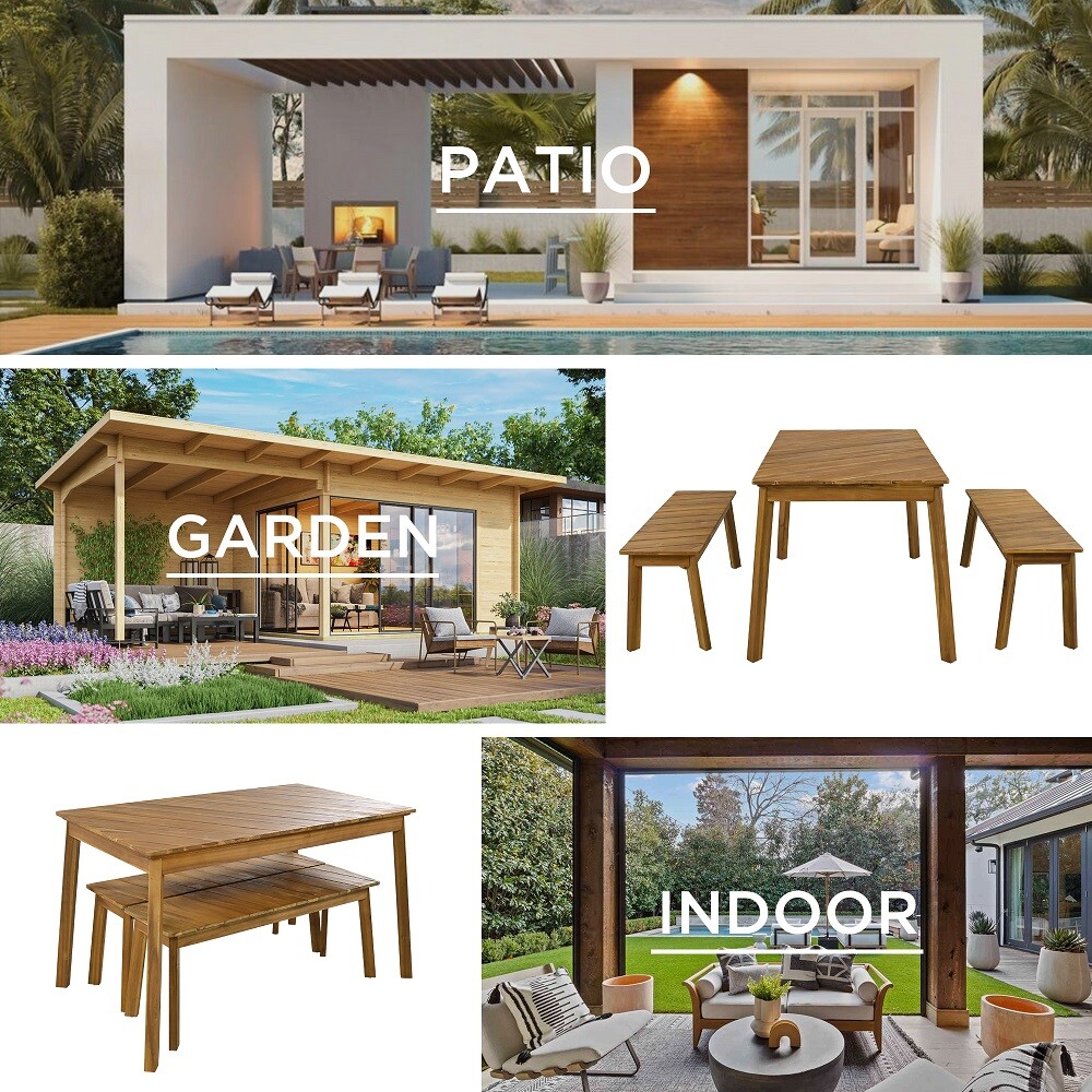 Wood Table Bench Dining Set For Outdoor/Indoor Furniture W/ 2 Benches for Patio