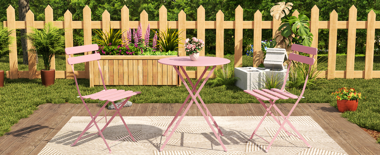 3-Piece Patio Bistro Set, 2 Folding Chairs & Table, Pink, Metal Frame