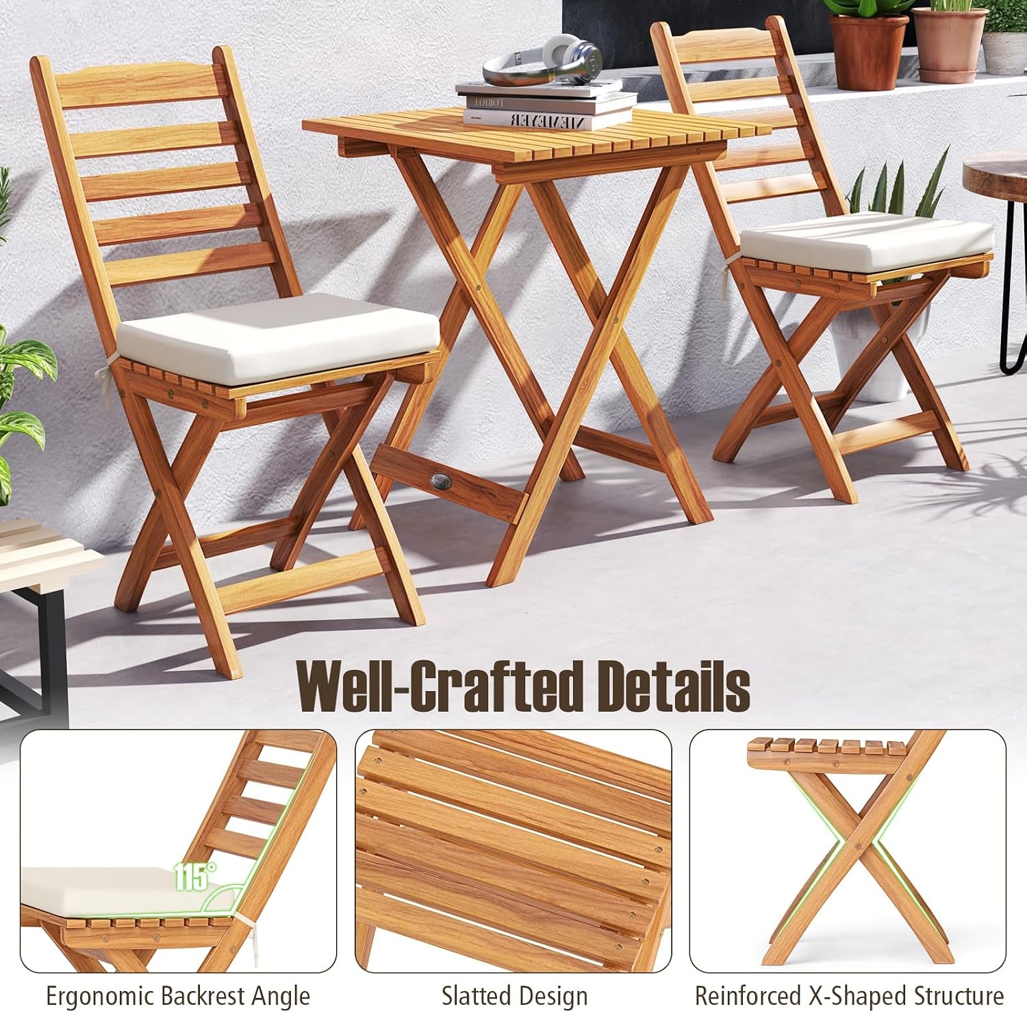 Outdoor Wood Bistro Set, Folding Chair Table Set w/Soft Seat Cushions, Acacia