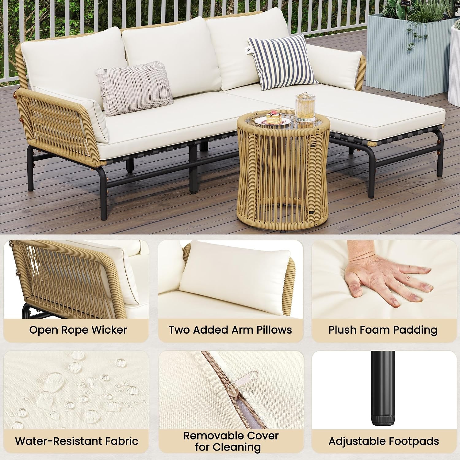 3 Pieces L-Shaped Conversation Set Outdoor Patio Furniture Set w/Detachable