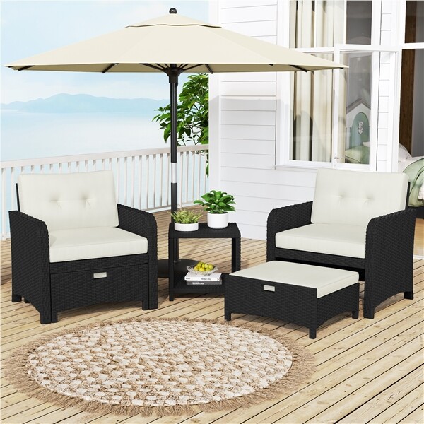 5-Piece Outdoor Patio Furniture Set Rattan Side Table & 2 Chairs & 2 Ottomans