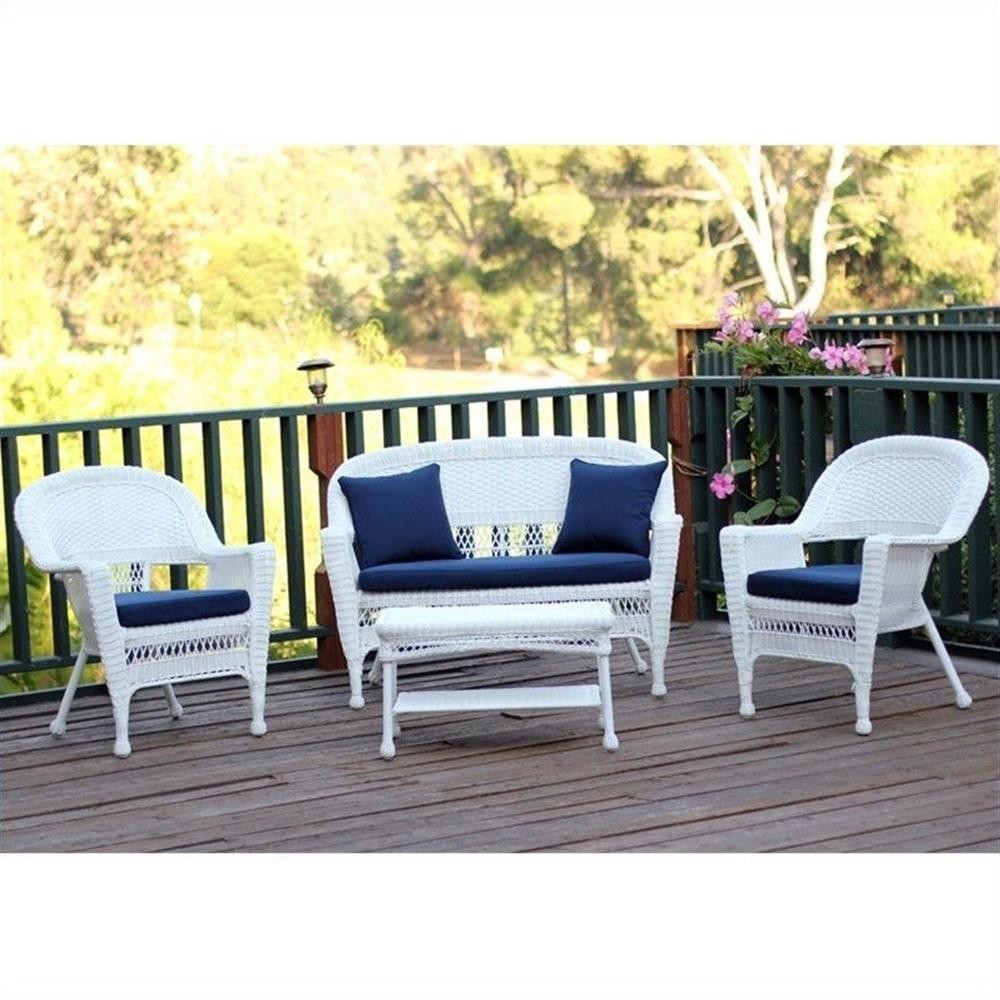 Jeco 4pc Wicker Conversation Set in White with Navy Blue Cushions