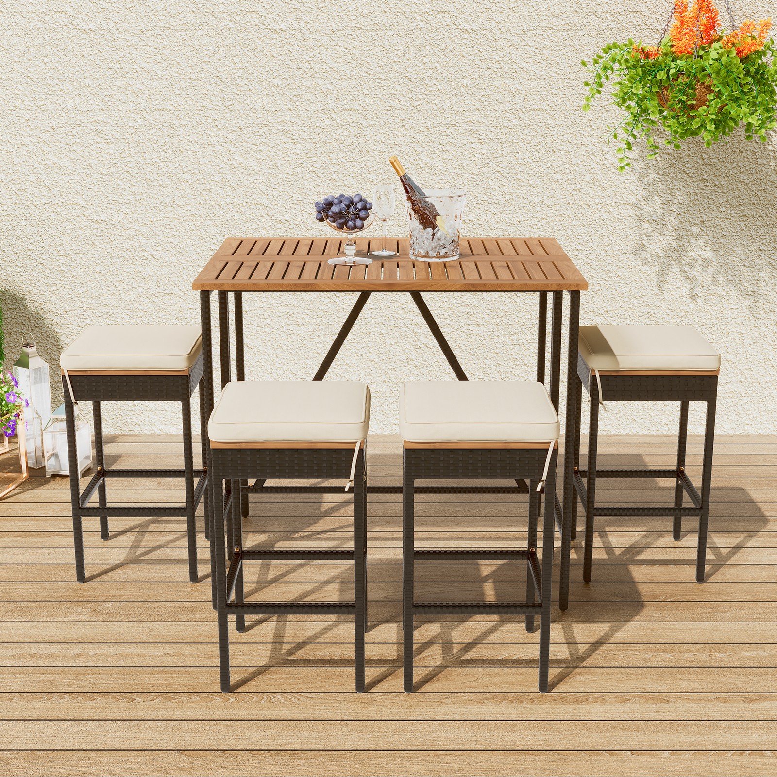 5-Piece Acacia Wood Bar Height Table & 4 Stools With Cushions, Patio Set