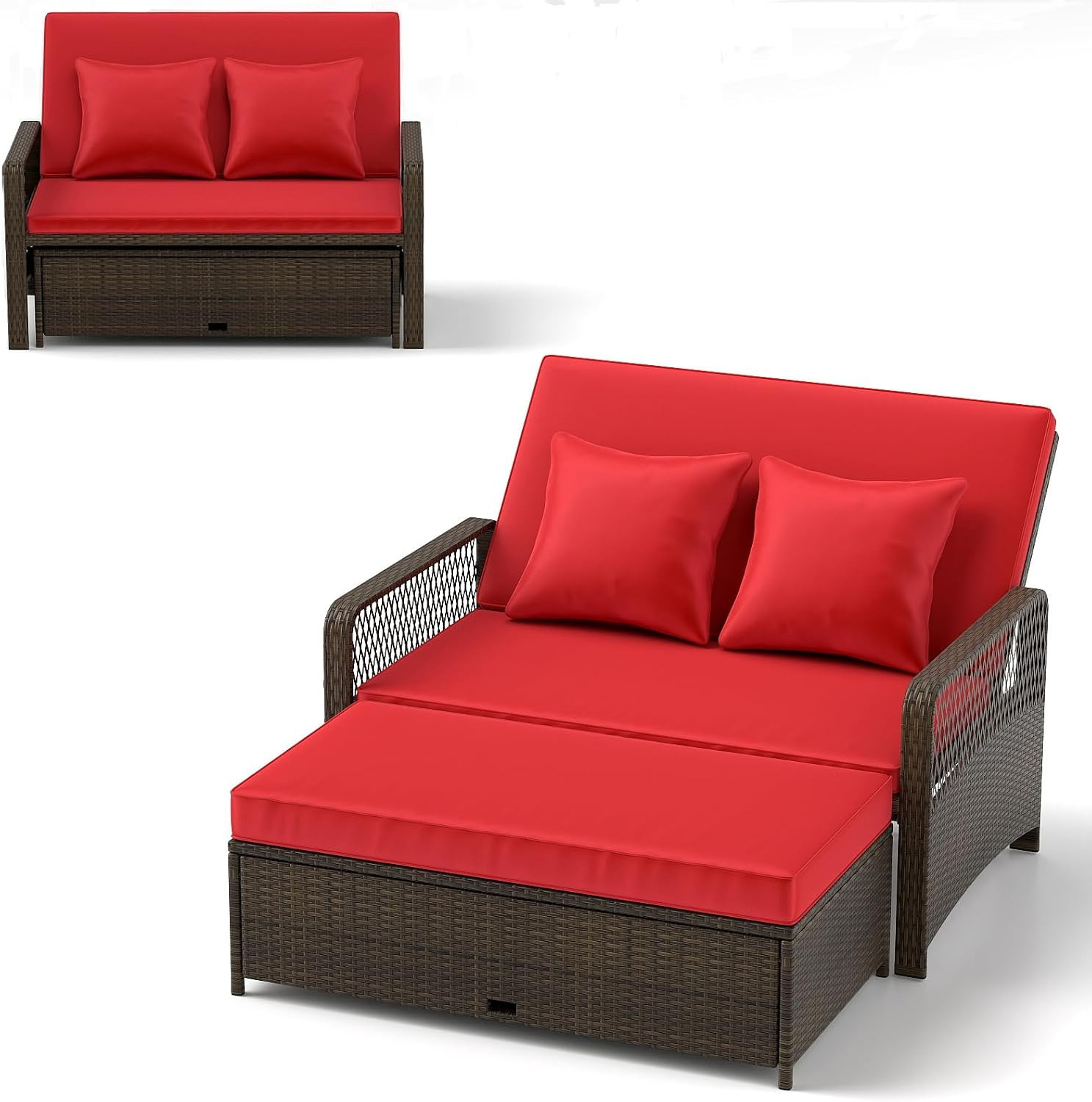 Wicker Patio Outdoor Daybed – Rattan Sunbed Loveseat Sofa Set W/4-Level Adjustab