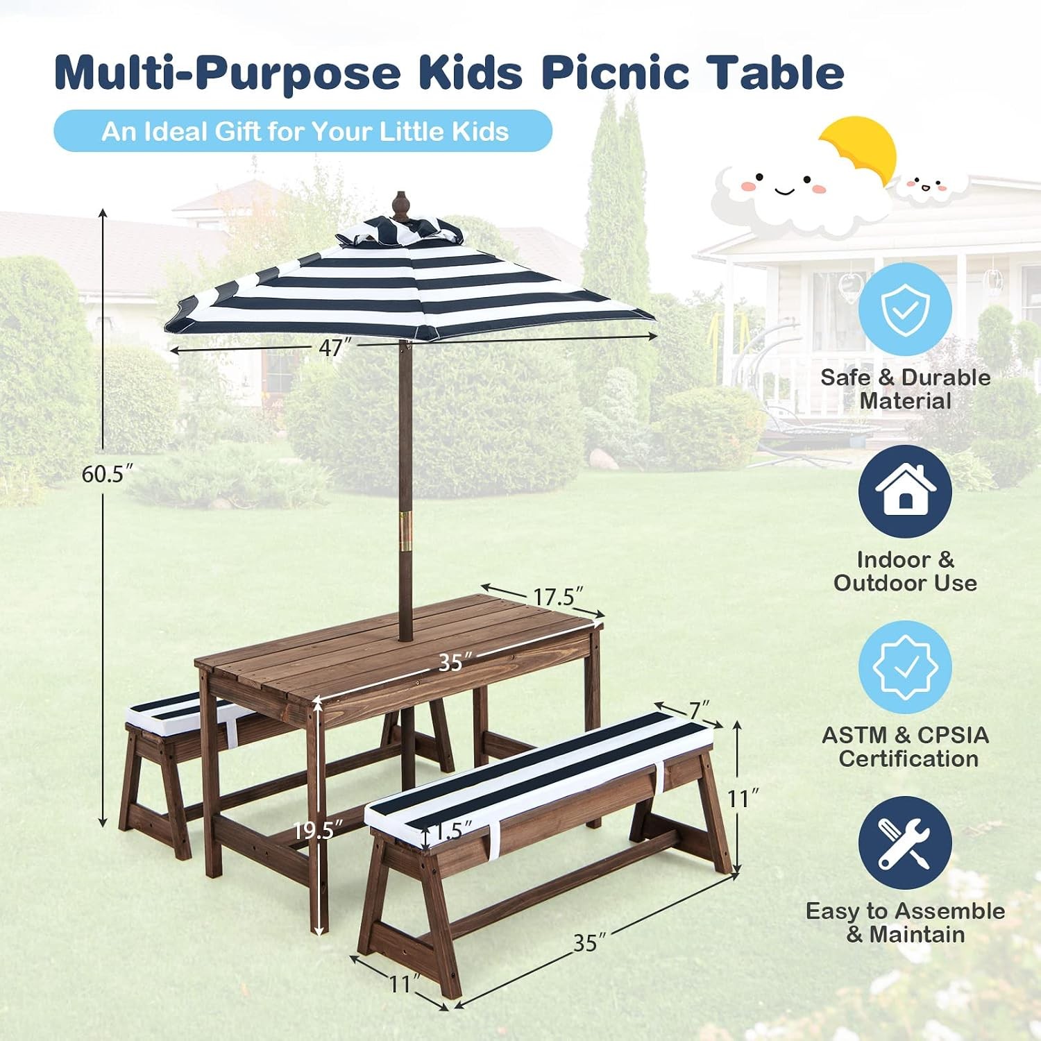 Kids Picnic Table 3 Heights Adjustable Umbrella Childrens Outdoor Bench