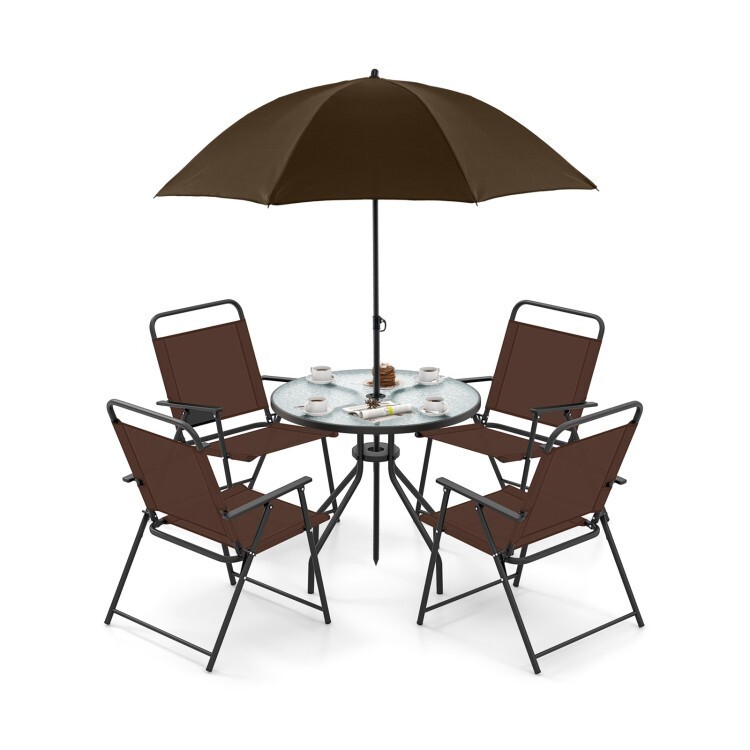6Pcs Patio Outdoor Dining Folding Chairs & Glass Table Set Tilt Umbrella Garden