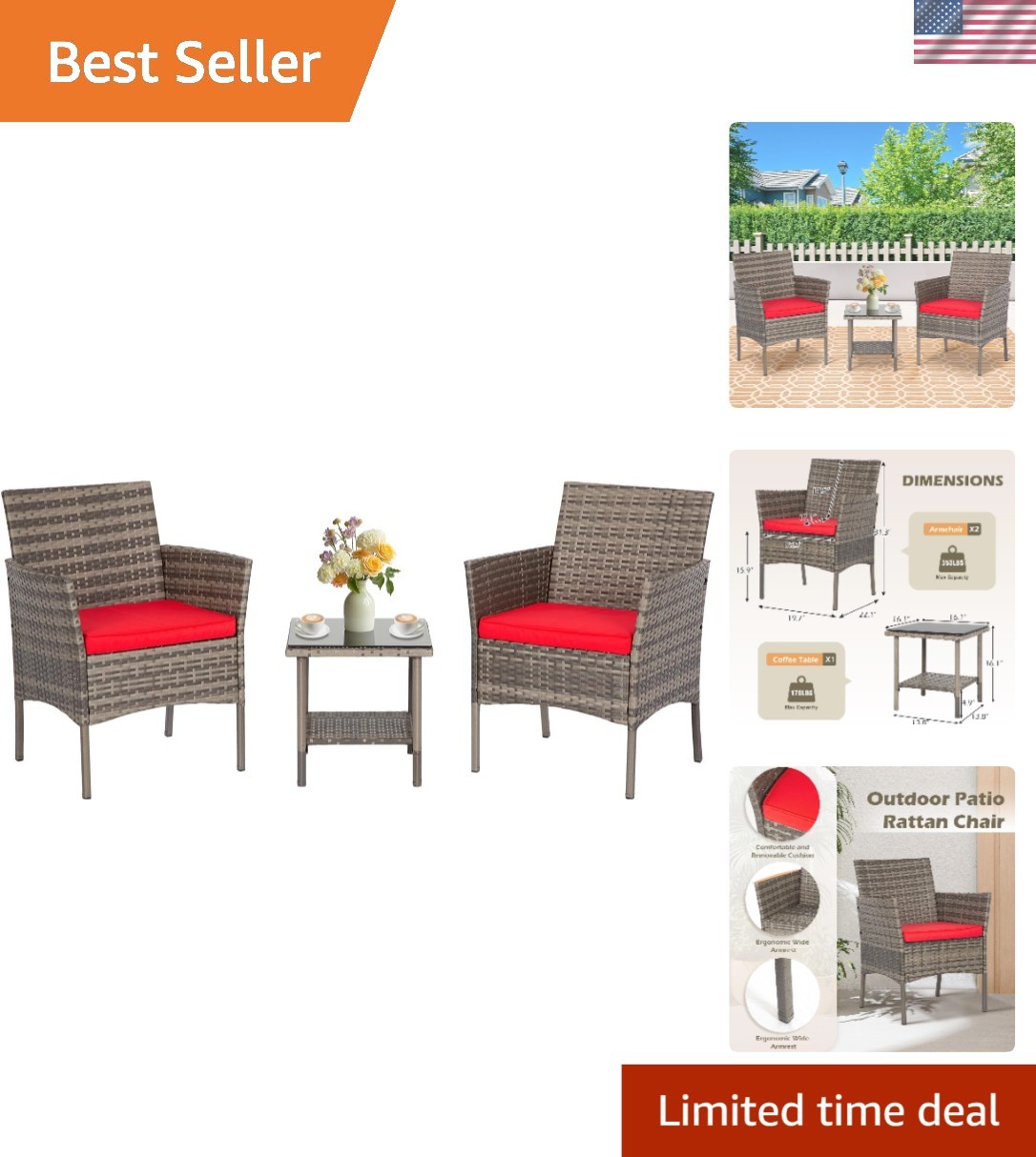 Contemporary 3-Piece Rattan Conversation Set with Glass Top & Cozy Red Cushions