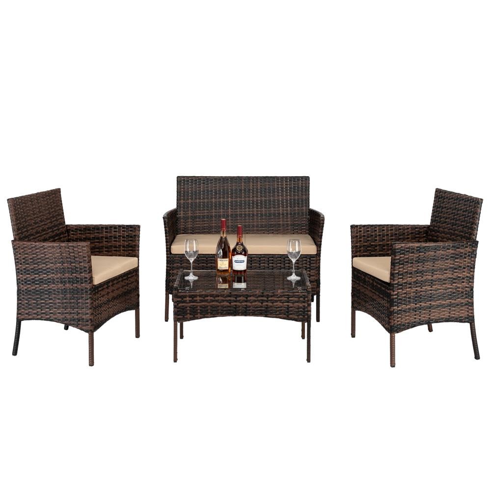 4 PCS Brown Gradient Rattan Wicker Furniture Set Cushioned Chair Glass Table Top
