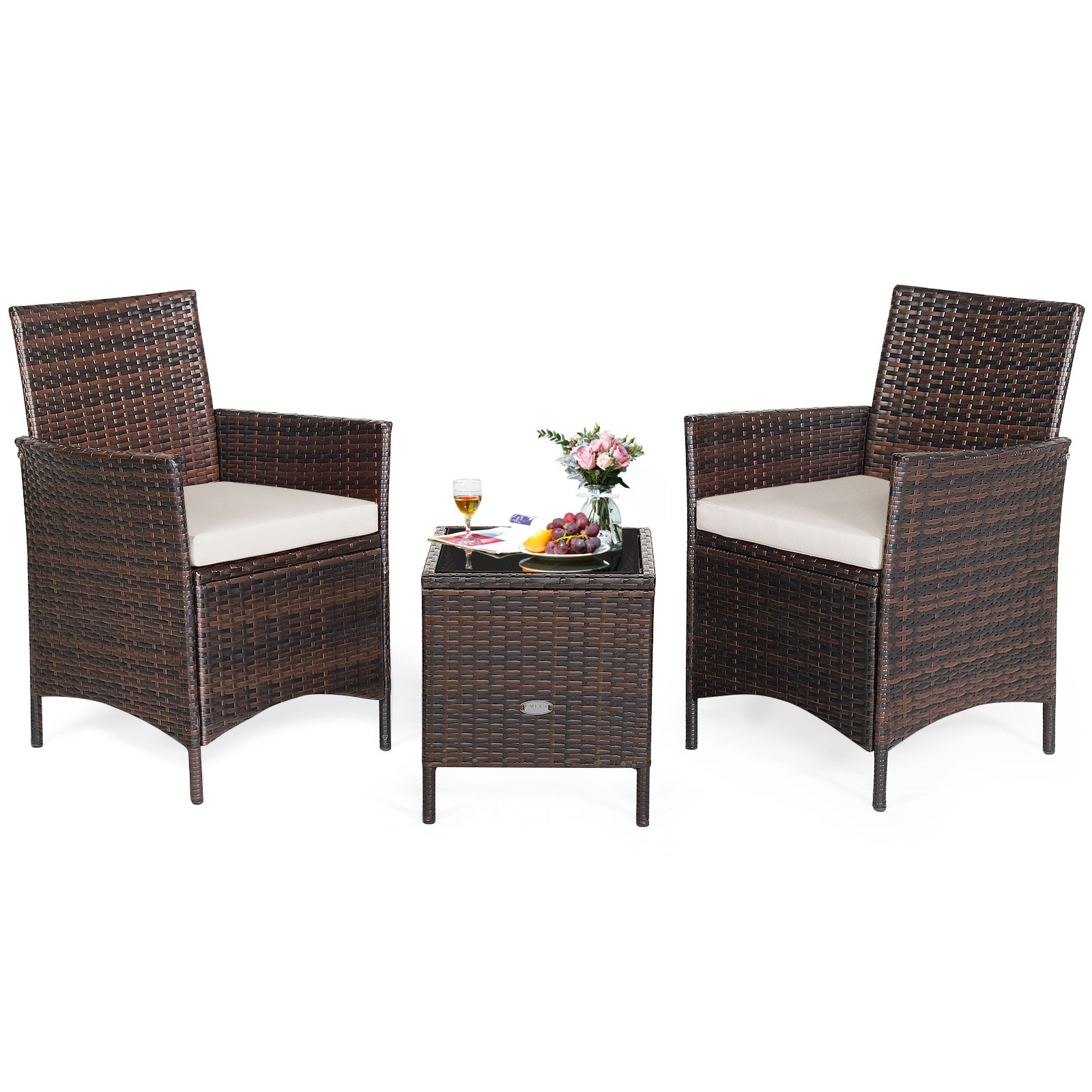 Patiojoy 3PCS Patio Rattan Furniture Set Cushioned Sofa Glass Tabletop White