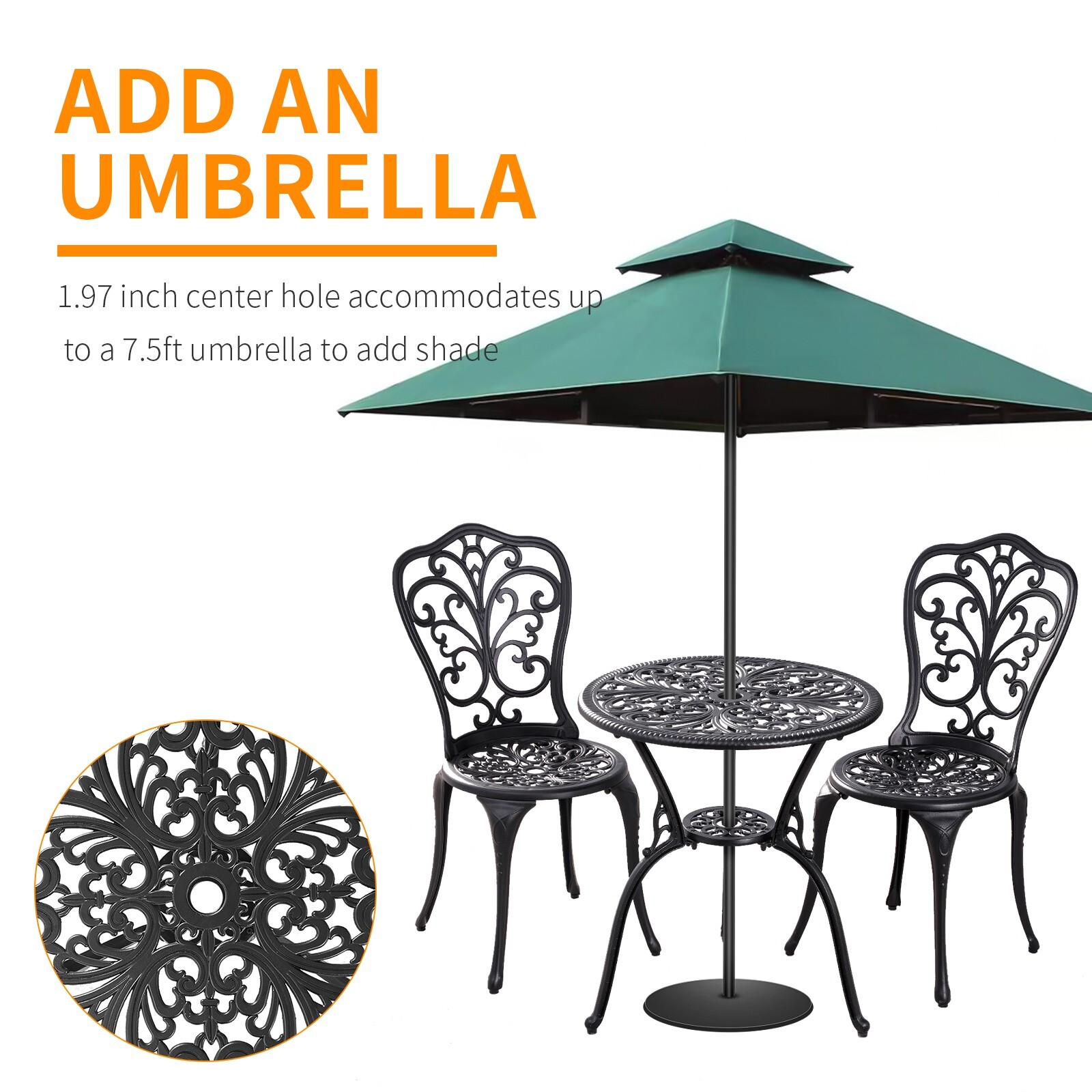 Patio BistroTable Set Rust-Resistant Cast Aluminum Bistro Set with Umbrella Hole