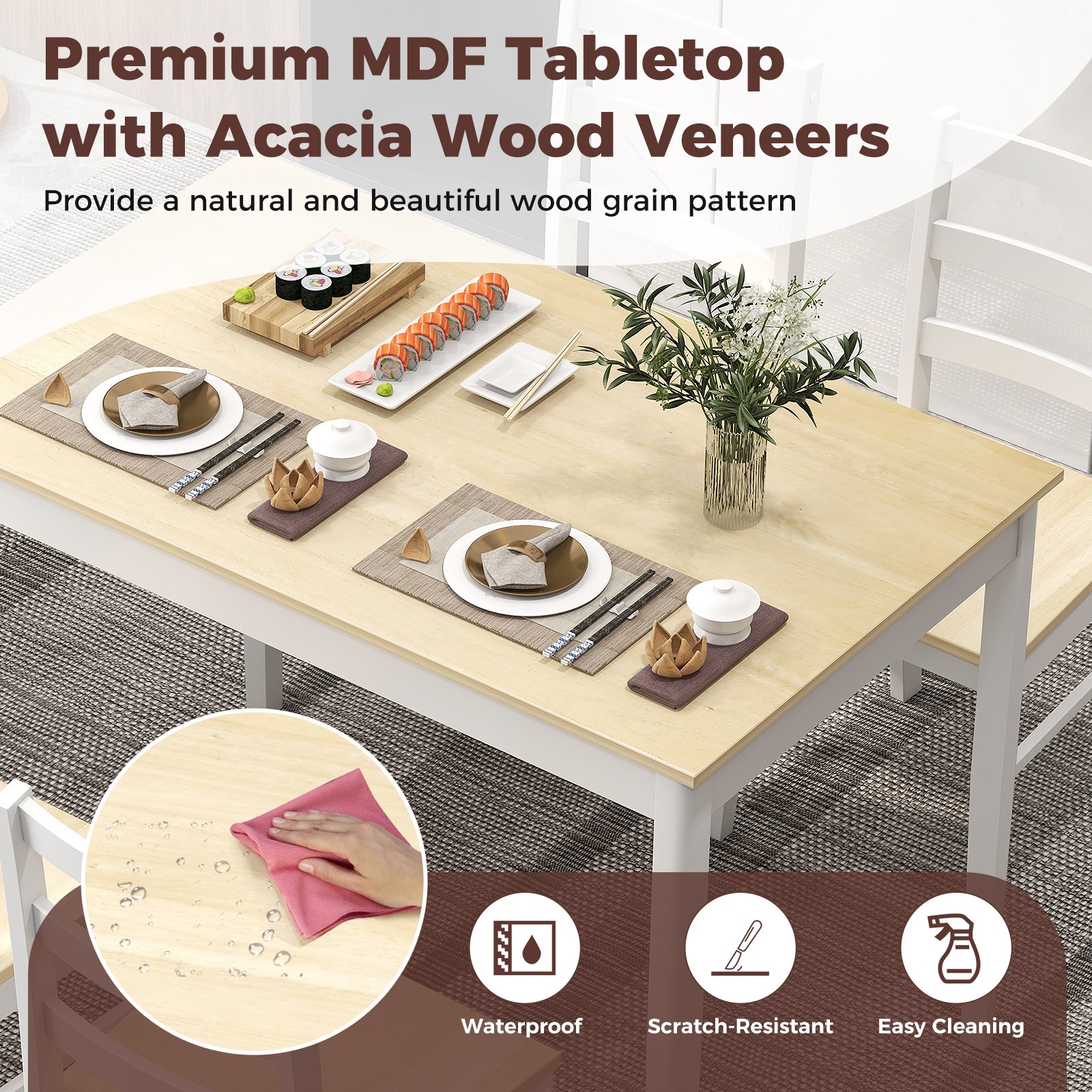 5-Piece Dining Set Solid Wood Kitchen Furniture w/ 4 Chairs & Rectangular Table