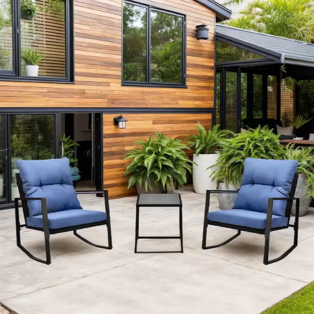 3-Pieces Wicker Outdoor Patio Bistro Set Outdoor Rocking Chair with Blue Cushion