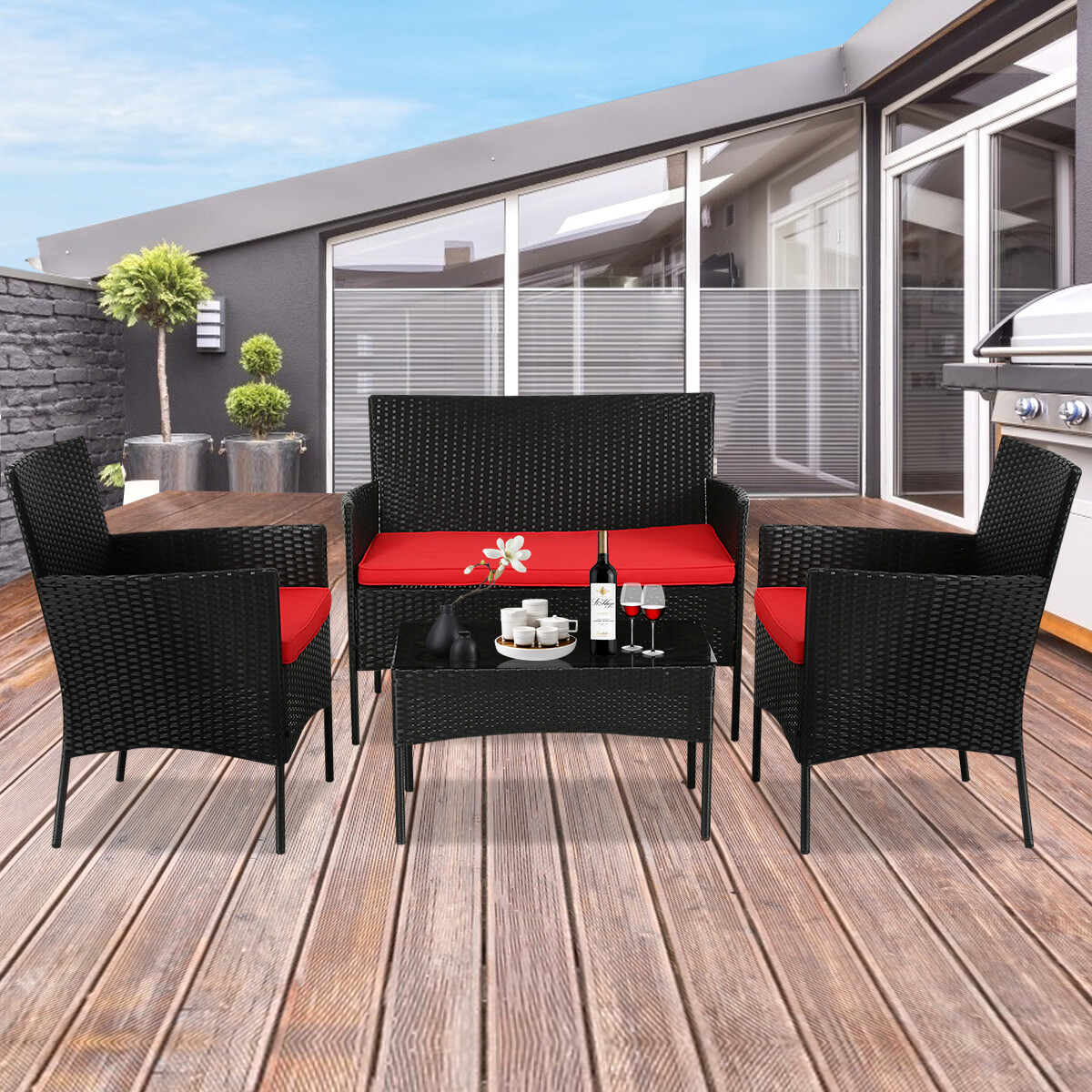 4PCS Outdoor Patio Furniture Set Rattan Chair Patio Set Wicker Conversation Set
