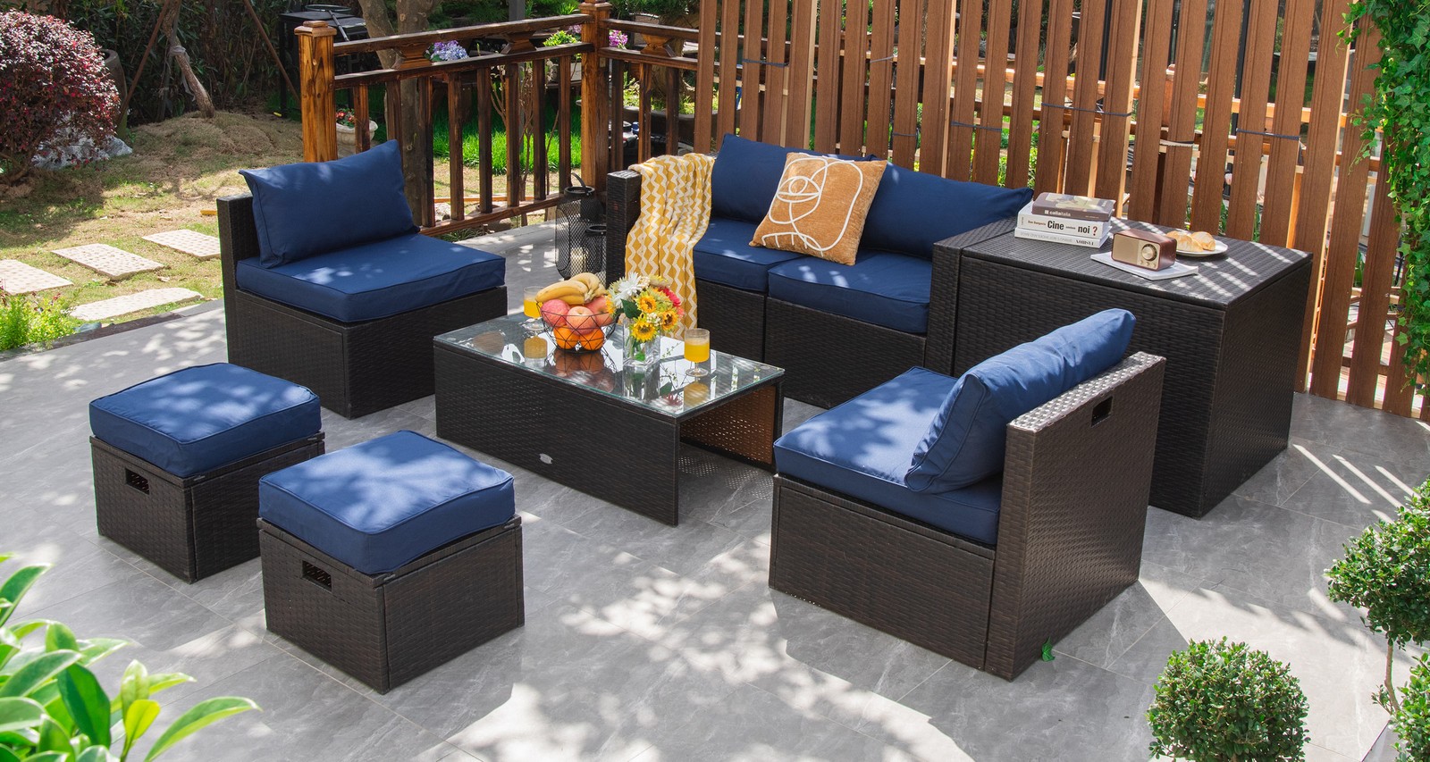 Patiojoy Patio 8PCS Rattan Furniture Set Space-Saving Storage Cushion Navy
