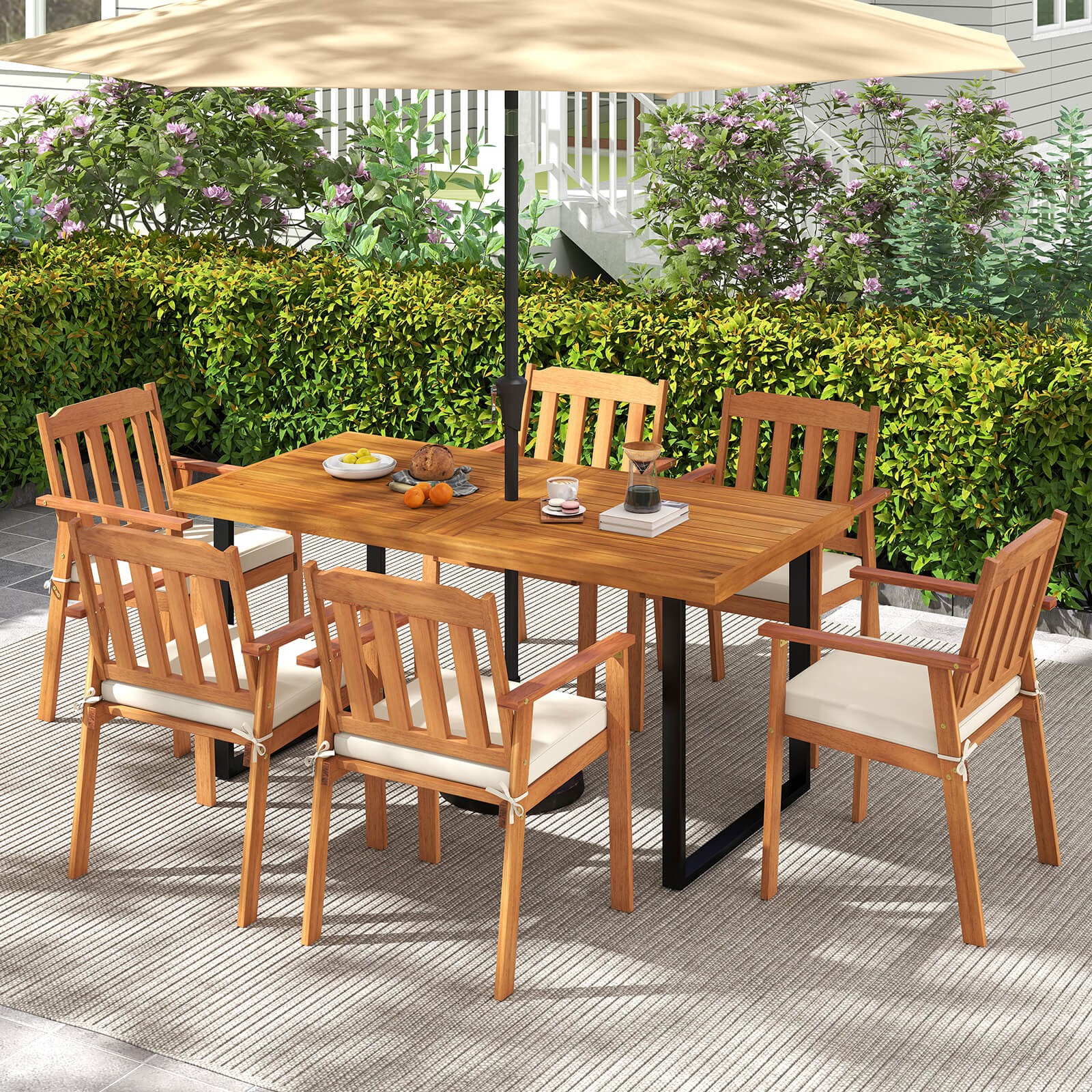 7PCS Patio Dining Table Set, 63” Table w/Umbrella Hole &6 Acacia Wood Armchairs